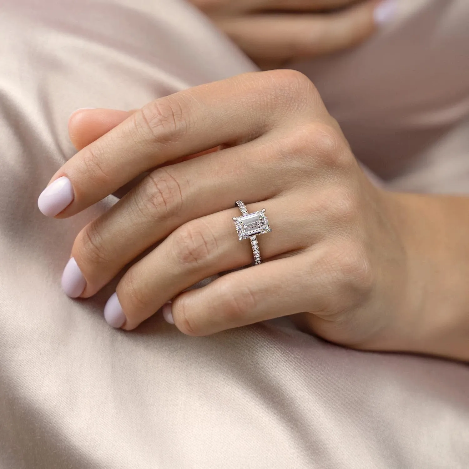 Emerald Cut Moissanite Ring, Hidden Halo