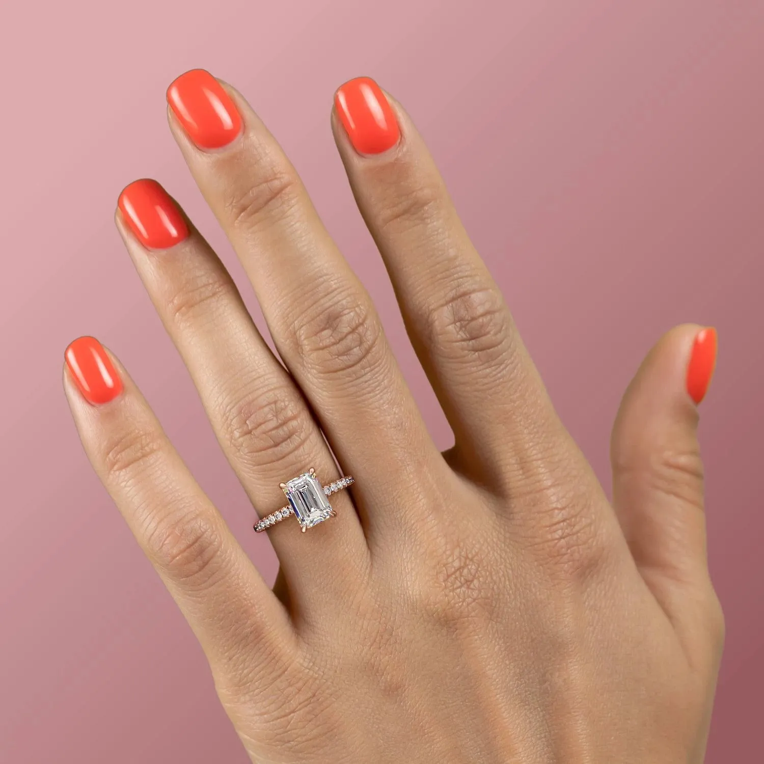 Emerald Cut Moissanite Ring, Hidden Halo