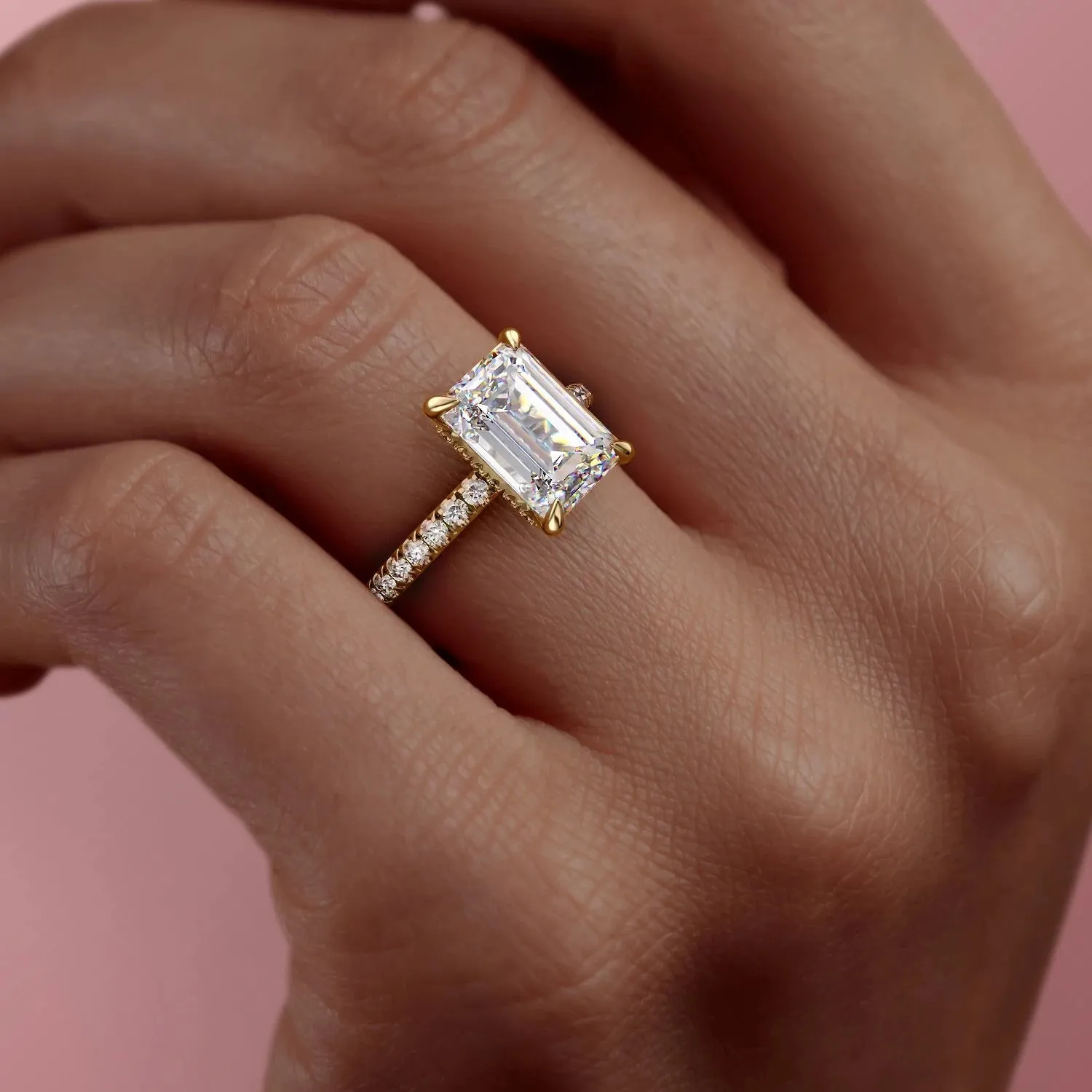 Emerald Cut Moissanite Ring, Hidden Halo