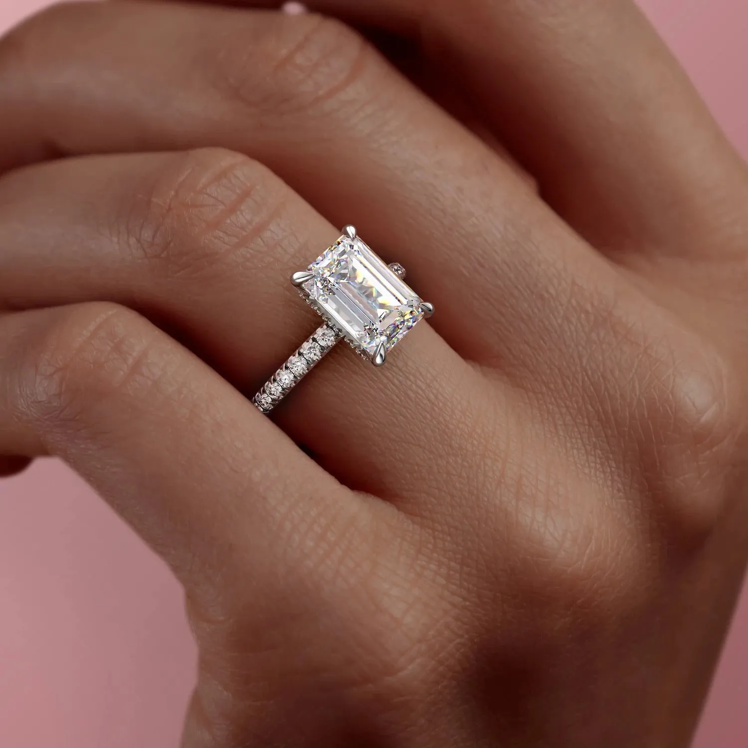 Emerald Cut Moissanite Ring, Hidden Halo