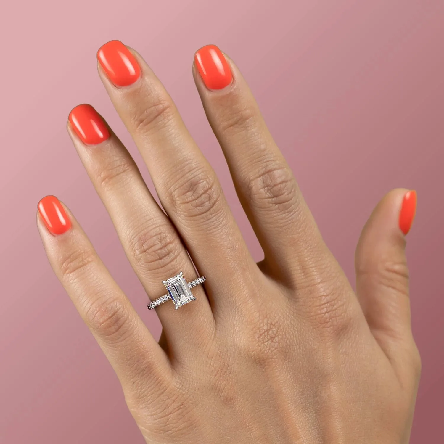 Emerald Cut Moissanite Ring, Hidden Halo