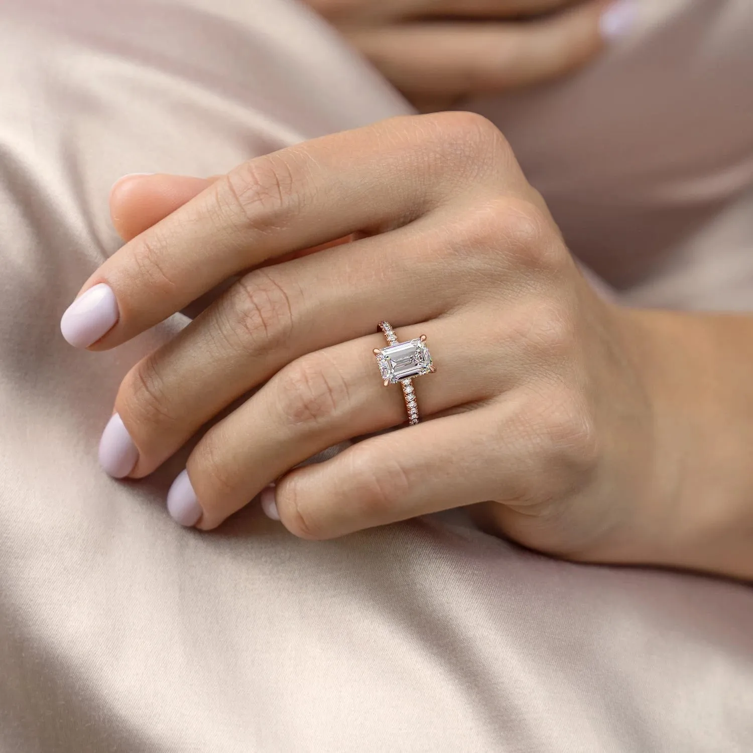 Emerald Cut Moissanite Ring, Hidden Halo