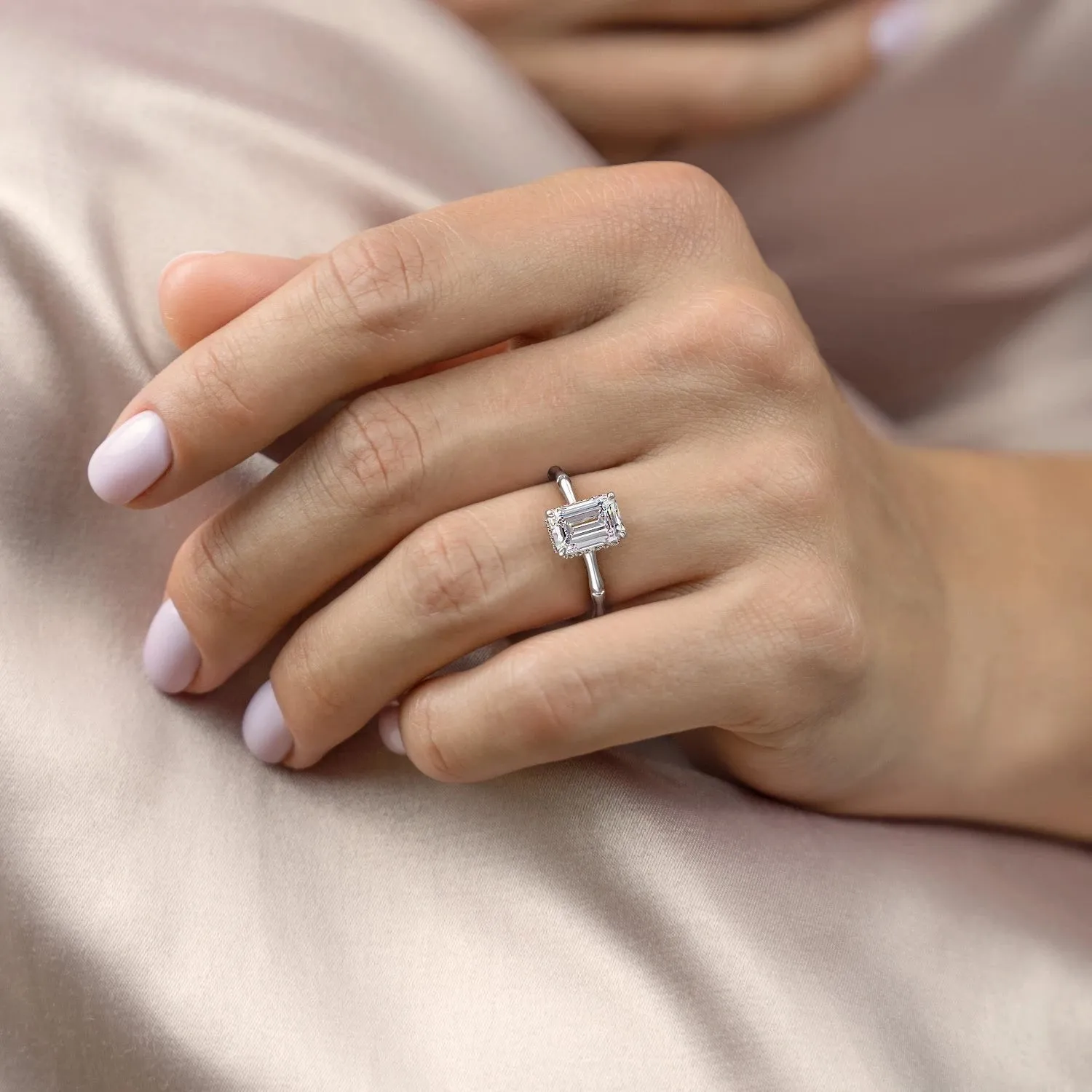 Emerald Cut Moissanite Ring With Hidden Halo