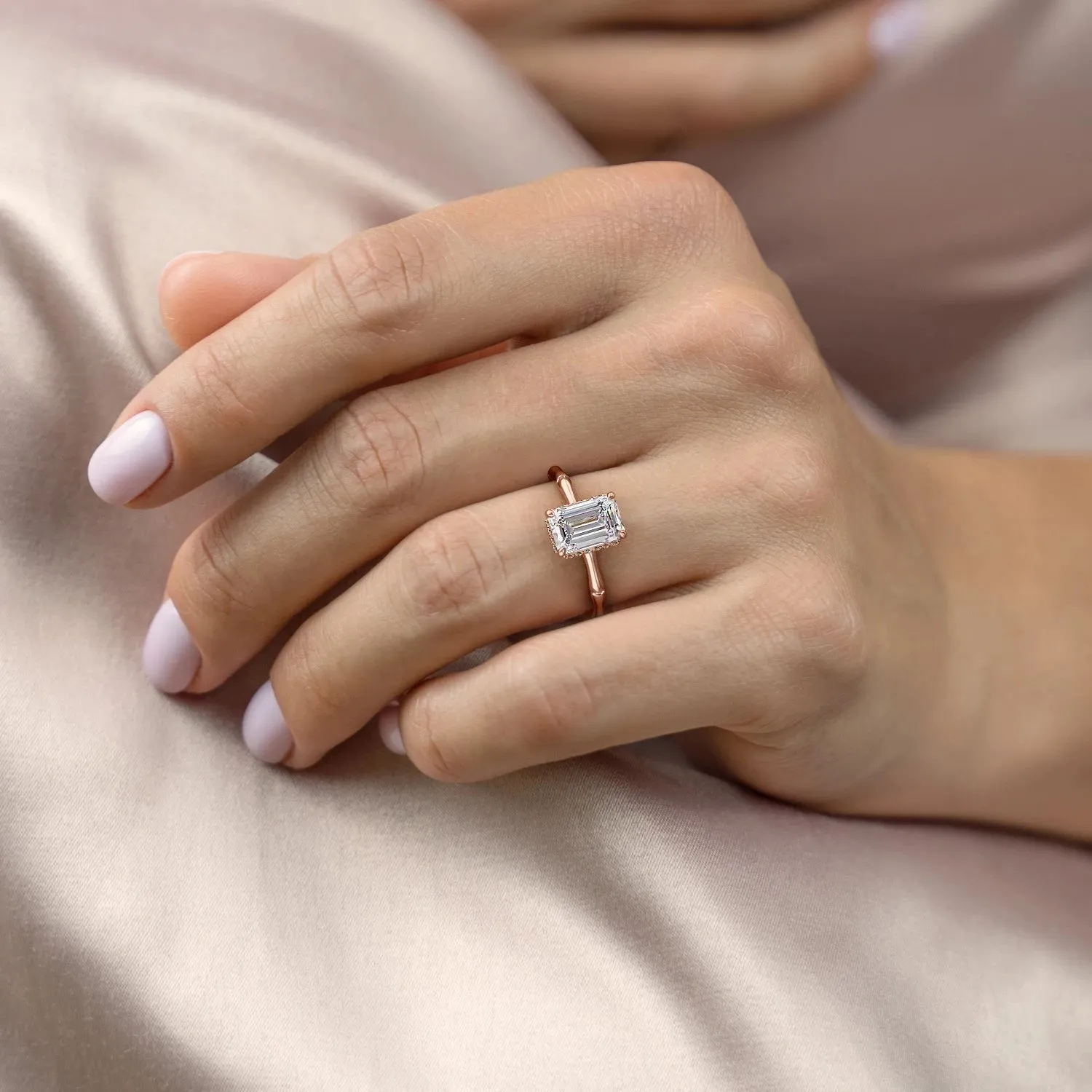 Emerald Cut Moissanite Ring With Hidden Halo