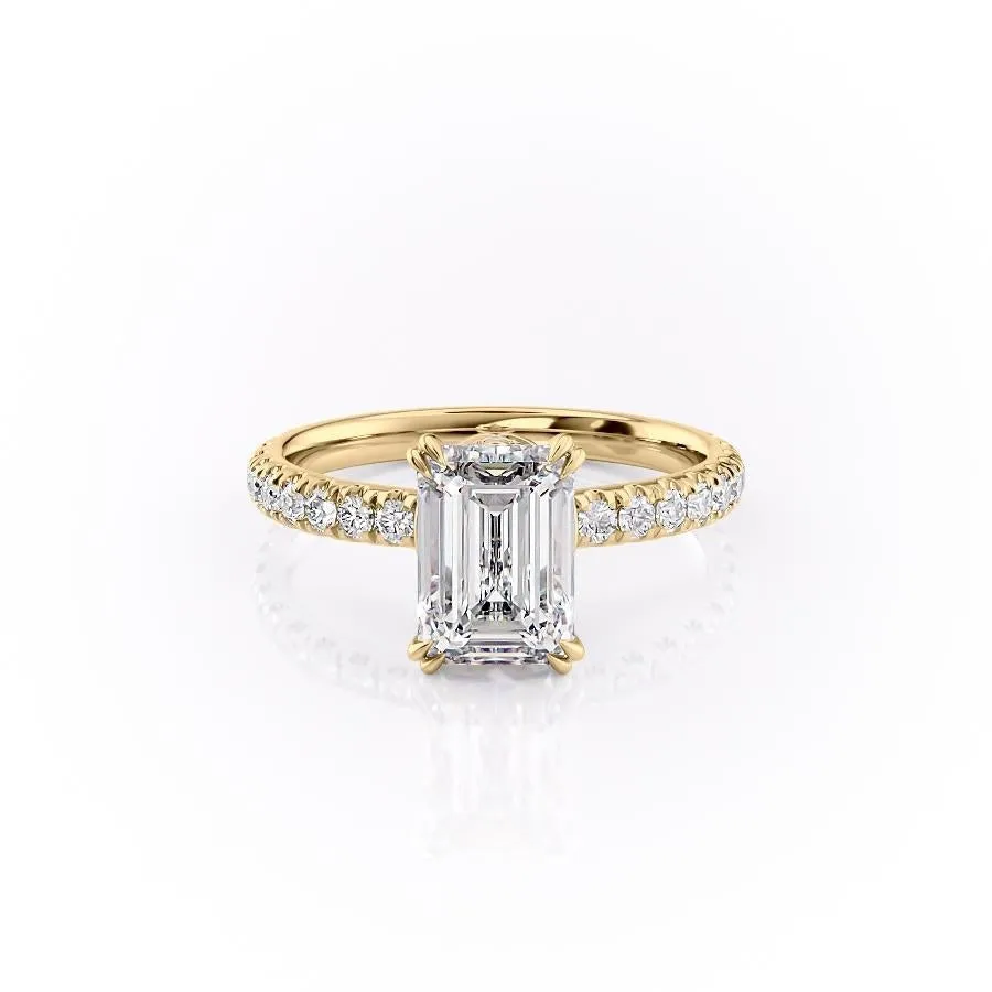 Emerald Cut Moissanite Shoulder Set Ring With Block Halo