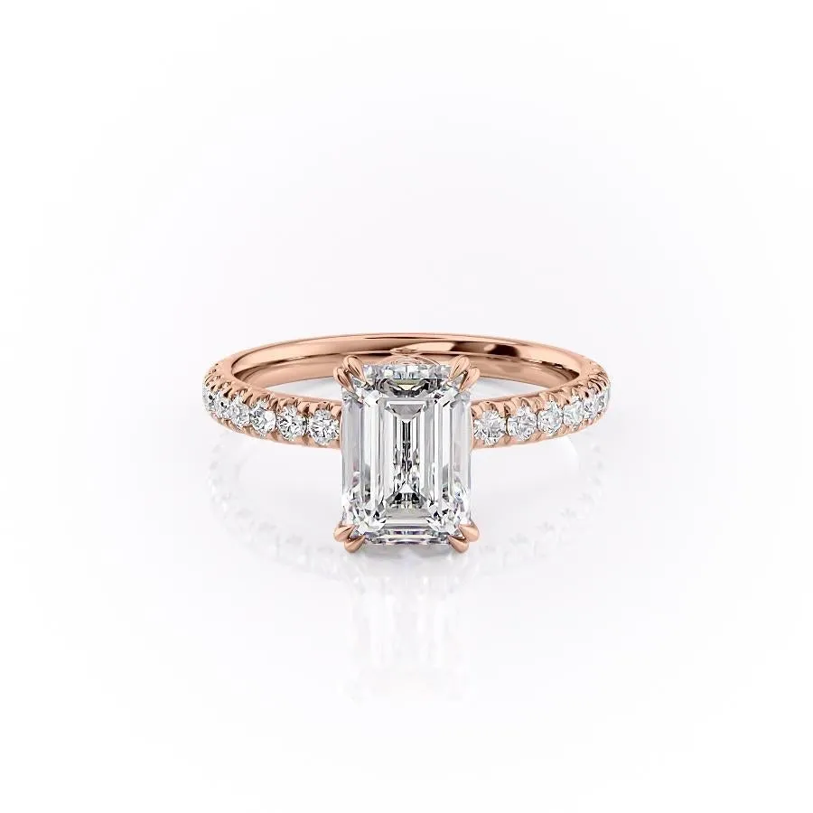 Emerald Cut Moissanite Shoulder Set Ring With Block Halo