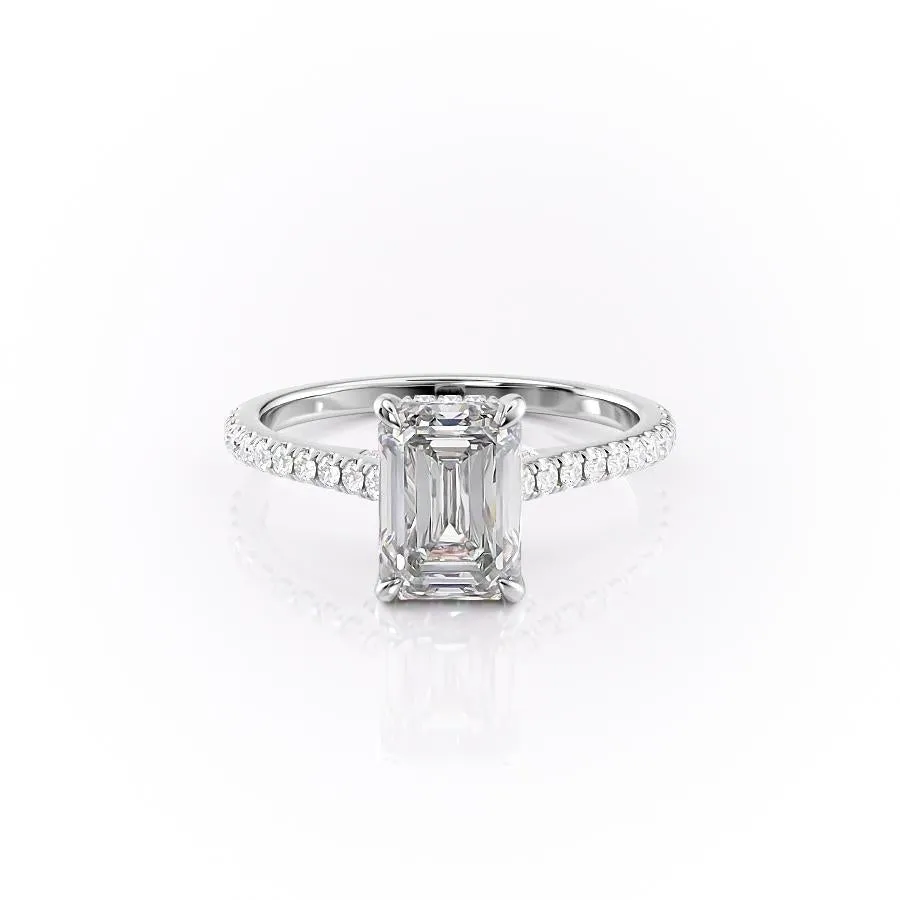 Emerald Cut Moissanite Shoulder Set Ring With Hidden Halo