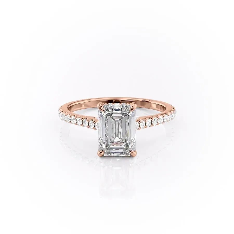 Emerald Cut Moissanite Shoulder Set Ring With Hidden Halo