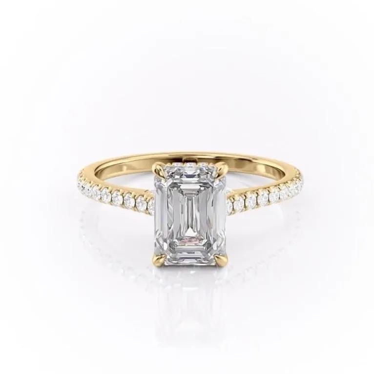 Emerald Cut Moissanite Shoulder Set Ring With Hidden Halo