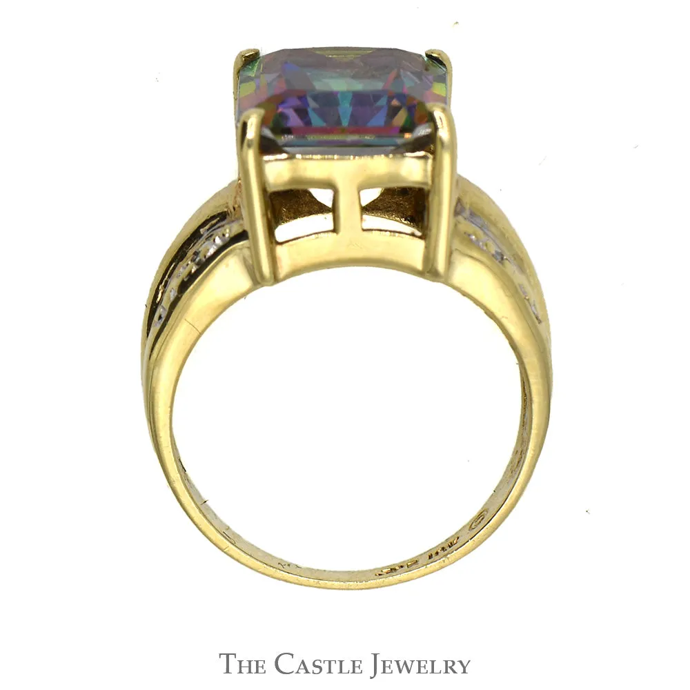 Emerald Cut Mystic Topaz Ring with Diamond Accented Sides in 10k Yellow Gold