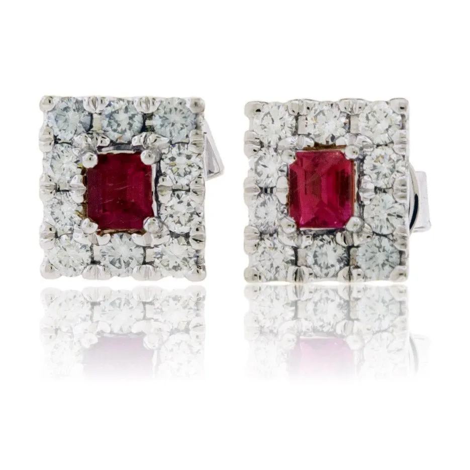 Emerald-Cut Red Emerald and Diamond Halo Square Stud Earrings