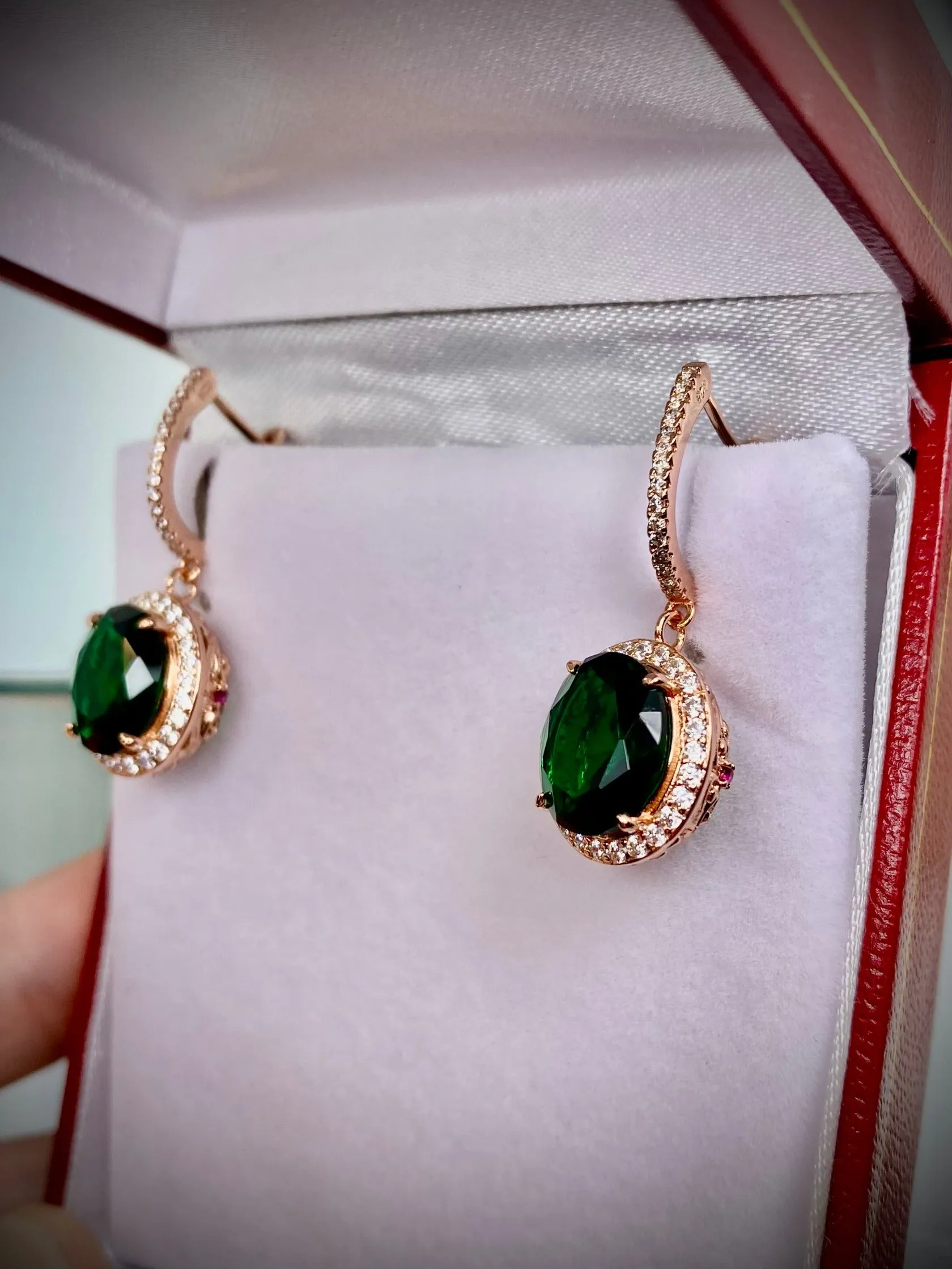 Emerald Earrings, Simulated or Natural Gems, Halo Art Deco Earrings, Rose Gold Filigree #E228