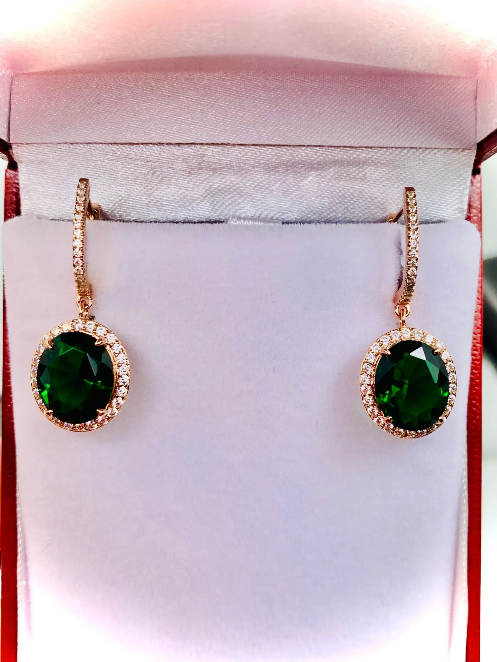 Emerald Earrings, Simulated or Natural Gems, Halo Art Deco Earrings, Rose Gold Filigree #E228