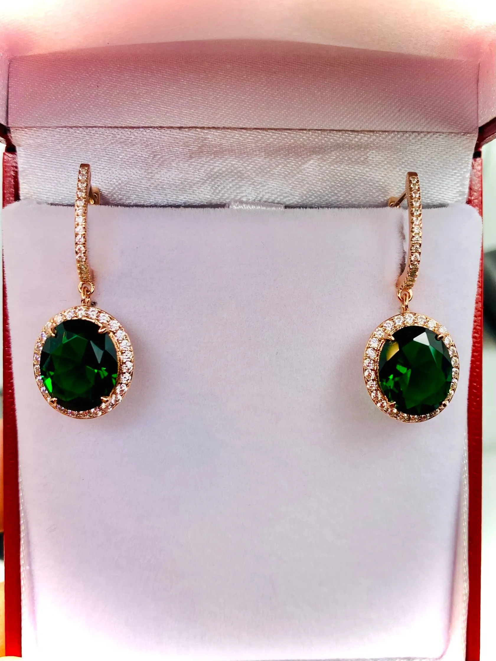 Emerald Earrings, Simulated or Natural Gems, Halo Art Deco Earrings, Rose Gold Filigree #E228