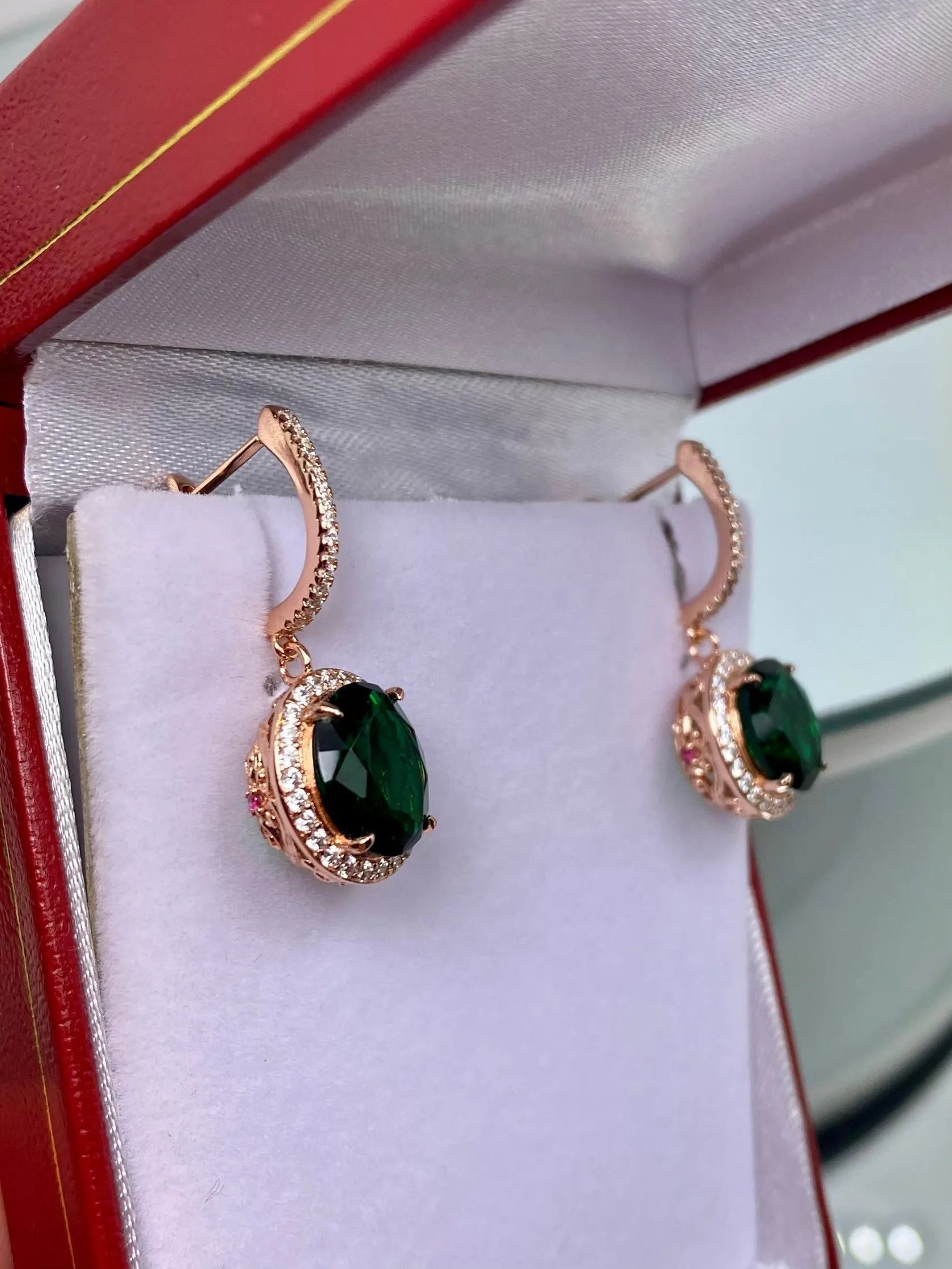 Emerald Earrings, Simulated or Natural Gems, Halo Art Deco Earrings, Rose Gold Filigree #E228