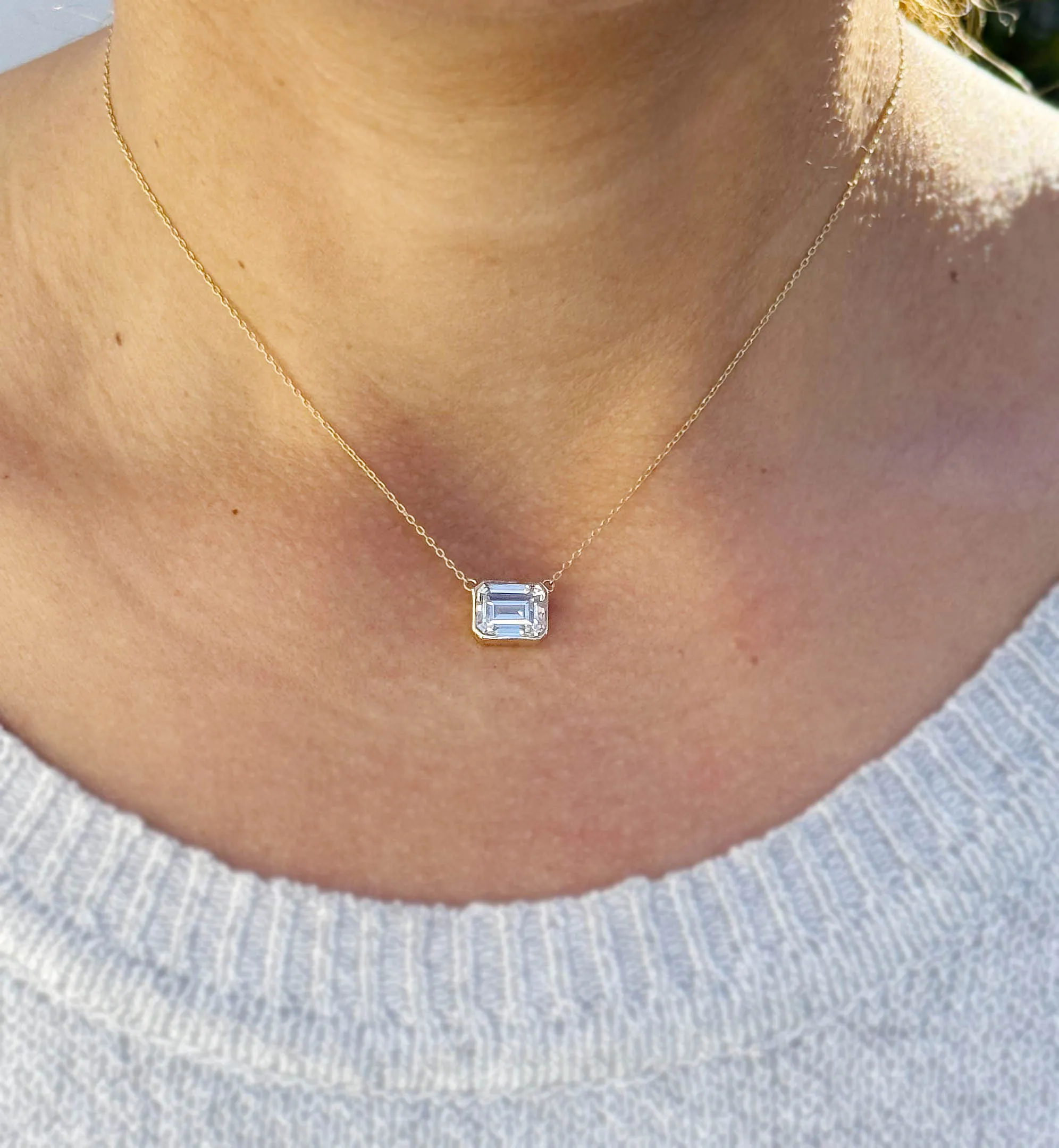 Emerald Moissanite Bezel Set Solitaire Necklace And Chain In 14k Solid Yellow Gold Pendant Bridal Gift Wedding And Anniversary Gift 3.50ct