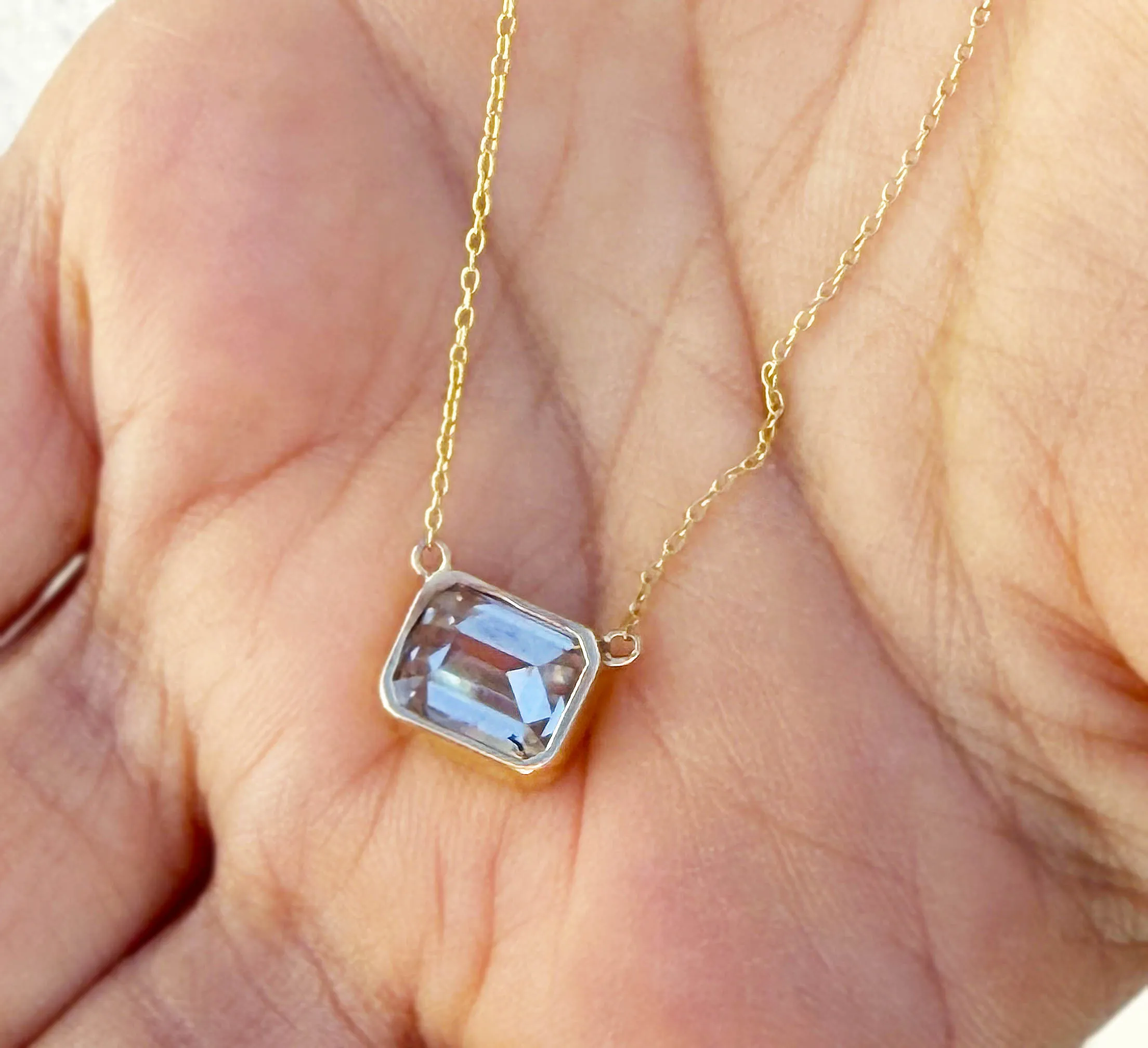 Emerald Moissanite Bezel Set Solitaire Necklace And Chain In 14k Solid Yellow Gold Pendant Bridal Gift Wedding And Anniversary Gift 3.50ct