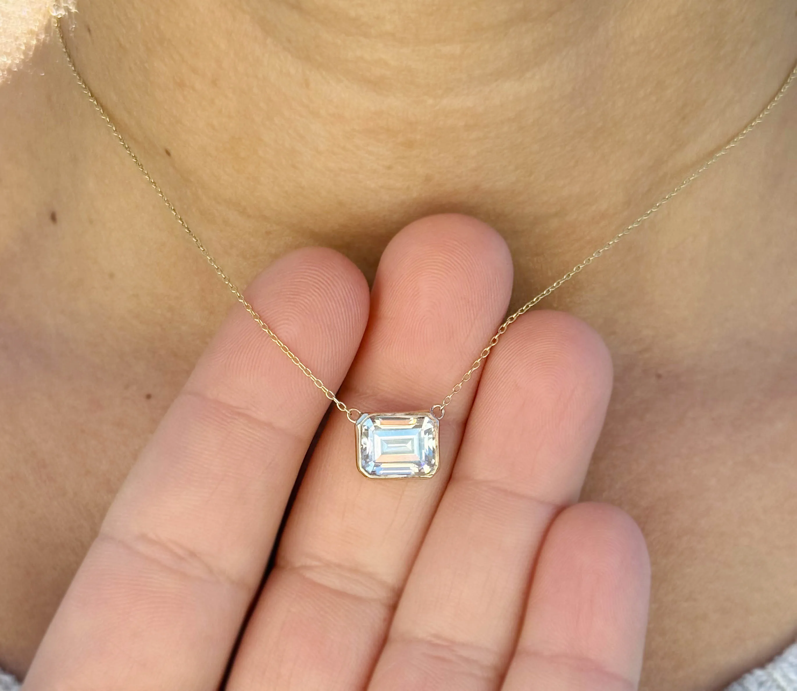 Emerald Moissanite Bezel Set Solitaire Necklace And Chain In 14k Solid Yellow Gold Pendant Bridal Gift Wedding And Anniversary Gift 3.50ct