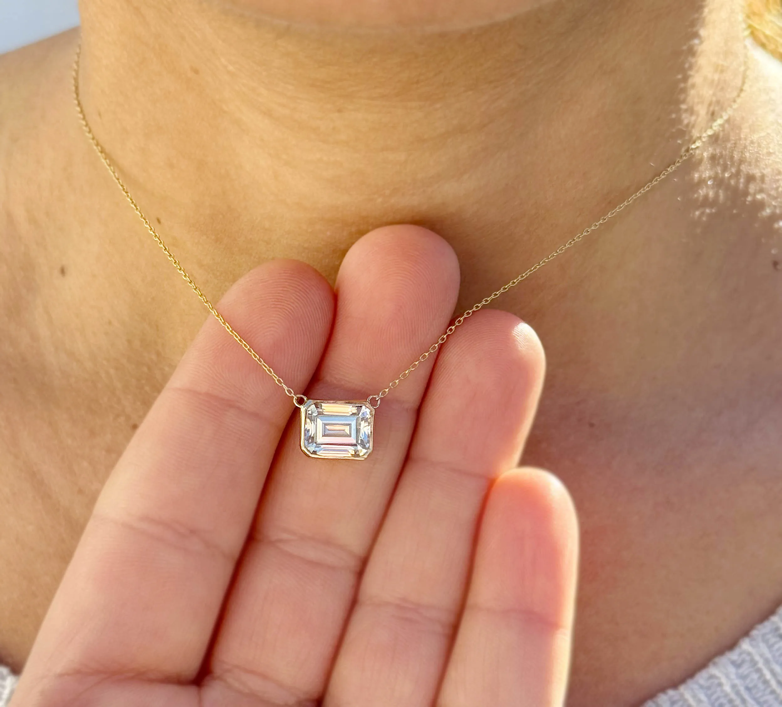 Emerald Moissanite Bezel Set Solitaire Necklace And Chain In 14k Solid Yellow Gold Pendant Bridal Gift Wedding And Anniversary Gift 3.50ct