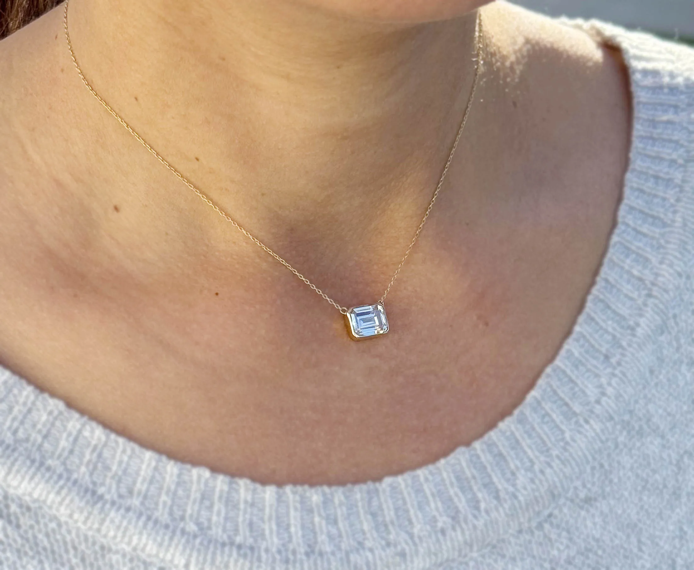 Emerald Moissanite Bezel Set Solitaire Necklace And Chain In 14k Solid Yellow Gold Pendant Bridal Gift Wedding And Anniversary Gift 3.50ct