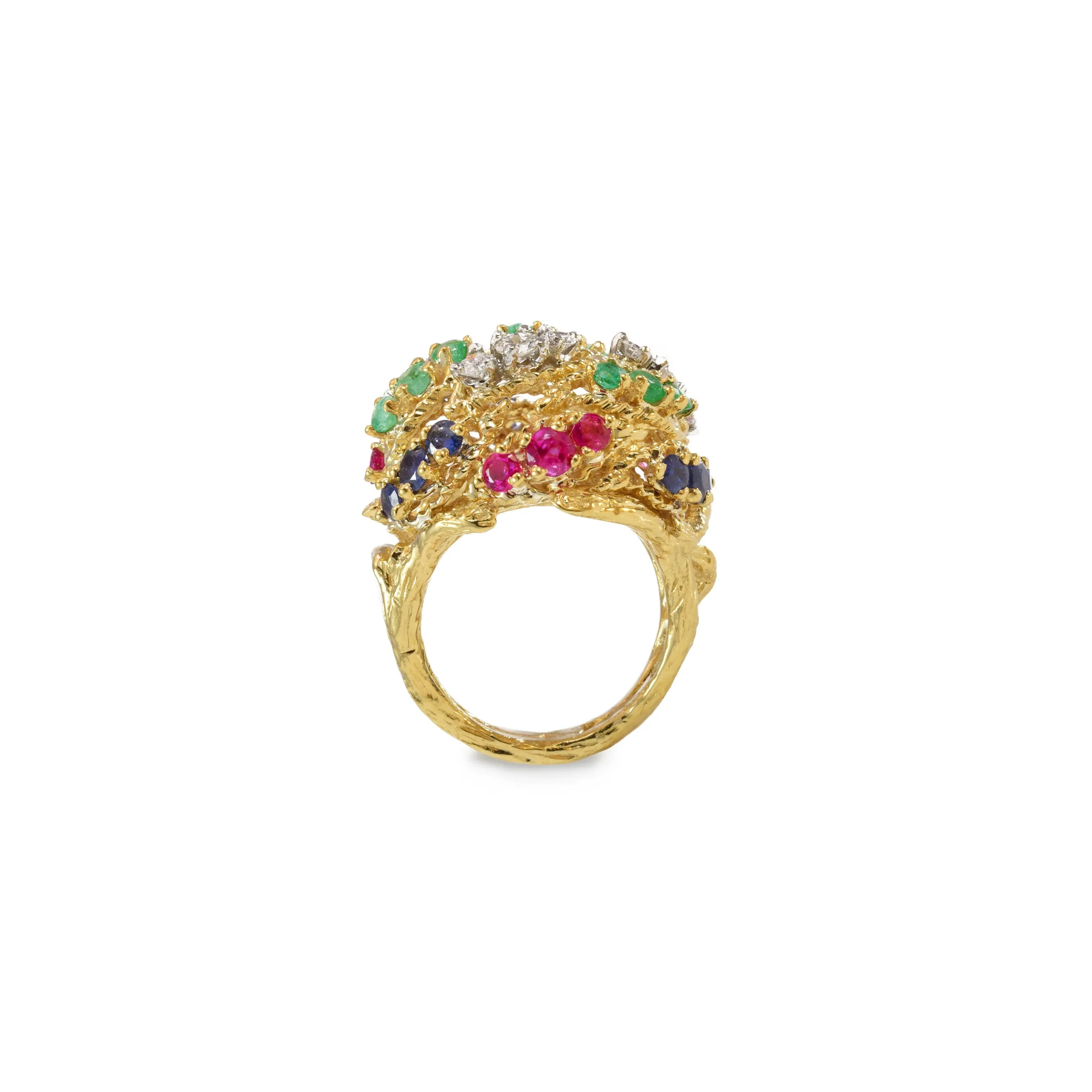 Estate 18KT Yellow Gold Ring With Diamond, Ruby, Sapphire And Emerald