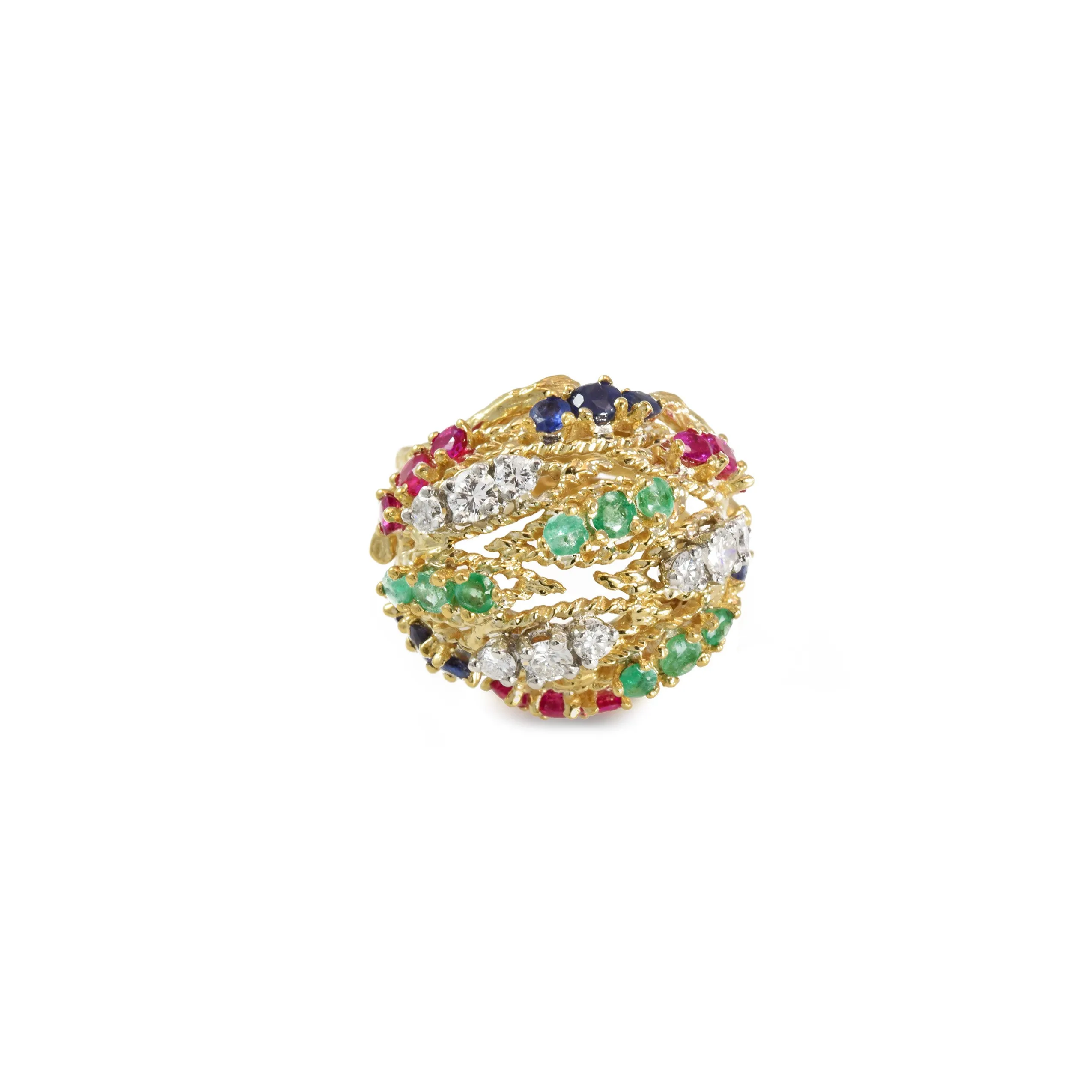 Estate 18KT Yellow Gold Ring With Diamond, Ruby, Sapphire And Emerald