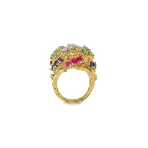 Estate 18KT Yellow Gold Ring With Diamond, Ruby, Sapphire And Emerald