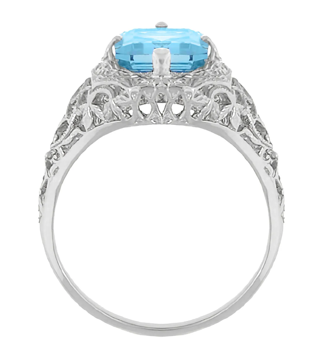 Filigree Art Deco Leaves and Flowers Emerald Cut Swiss Blue Topaz Ring in 14 Karat White Gold