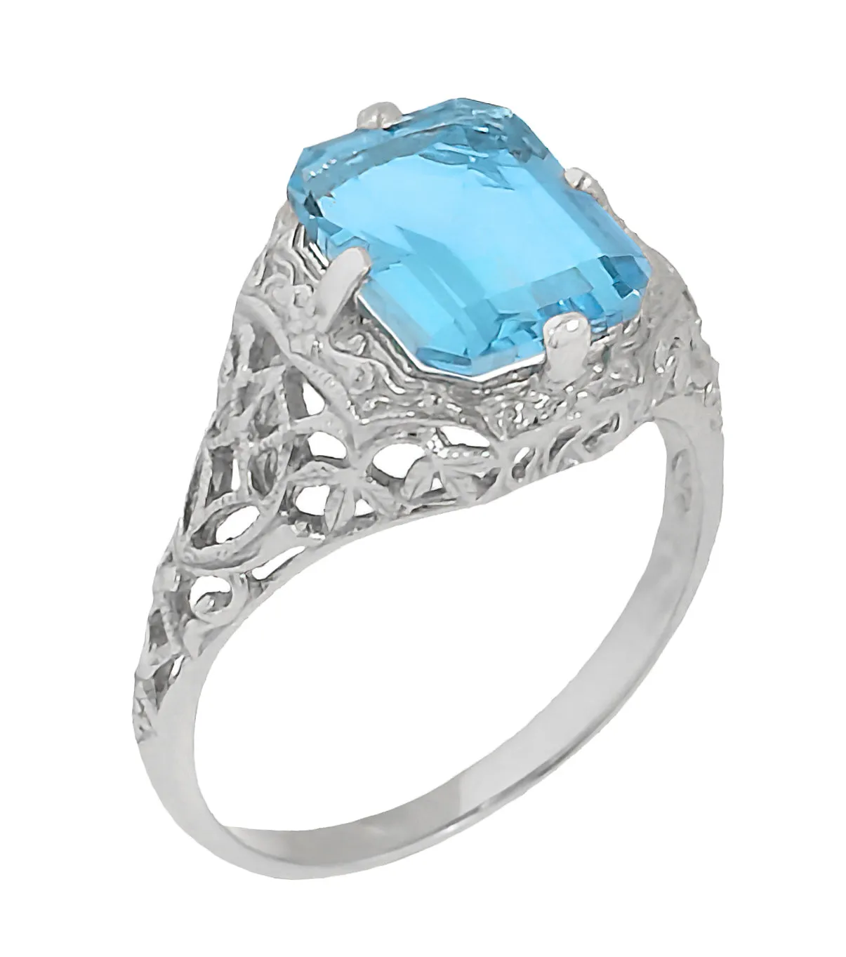 Filigree Art Deco Leaves and Flowers Emerald Cut Swiss Blue Topaz Ring in 14 Karat White Gold