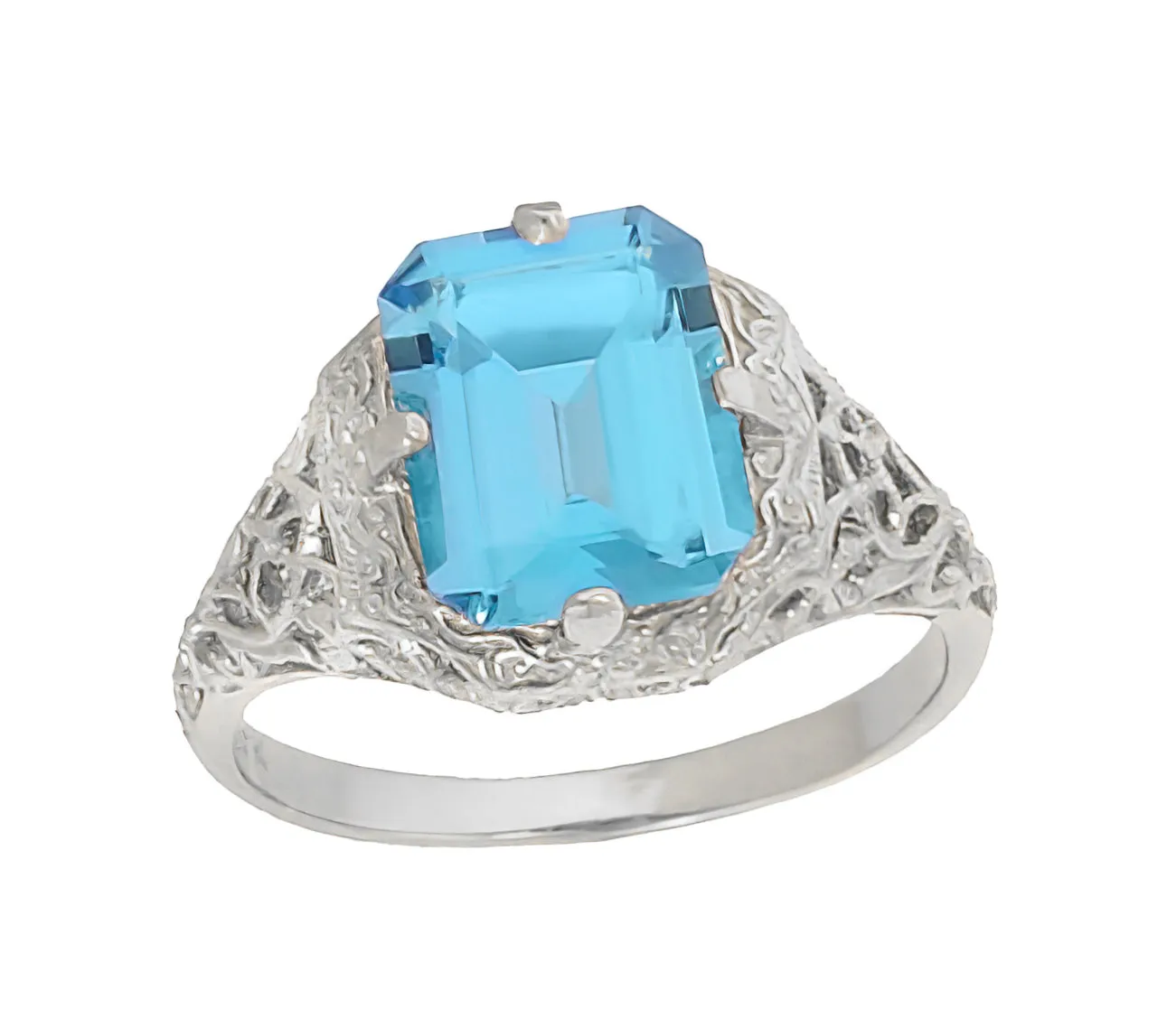 Filigree Art Deco Leaves and Flowers Emerald Cut Swiss Blue Topaz Ring in 14 Karat White Gold