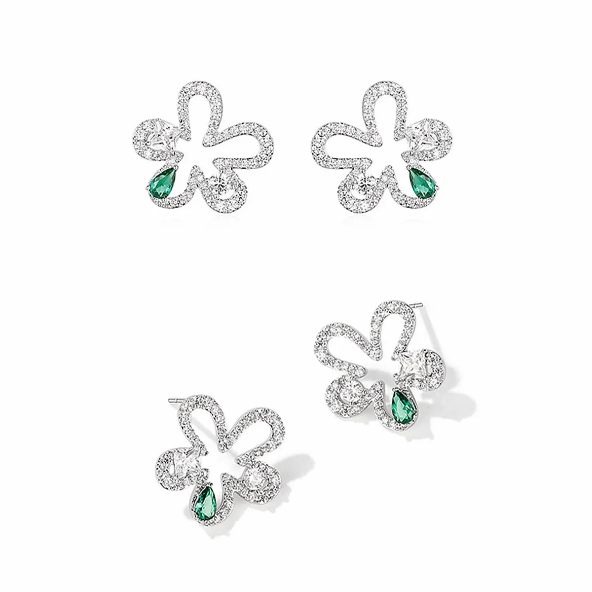 Flowerlace Diamond and Emerald Flower Stud Earrings