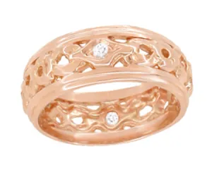 Garlend Art Deco Filigree Wide Diamond Wedding Band in 14 Karat Rose ( Pink ) Gold