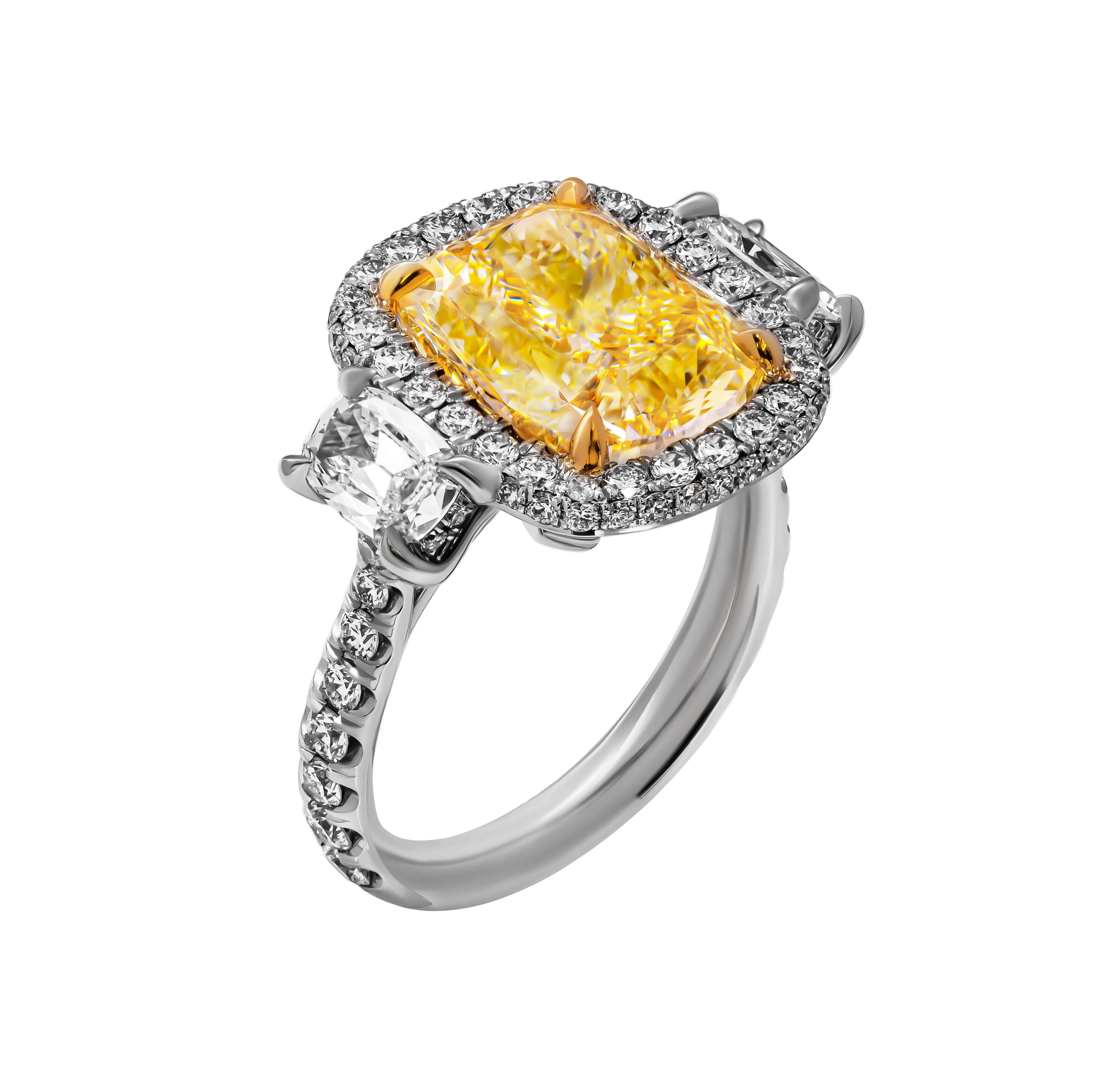 GIA Certified 3 stone ring with 6.31ct Fancy Light Yellow Cushion Cut Diamond