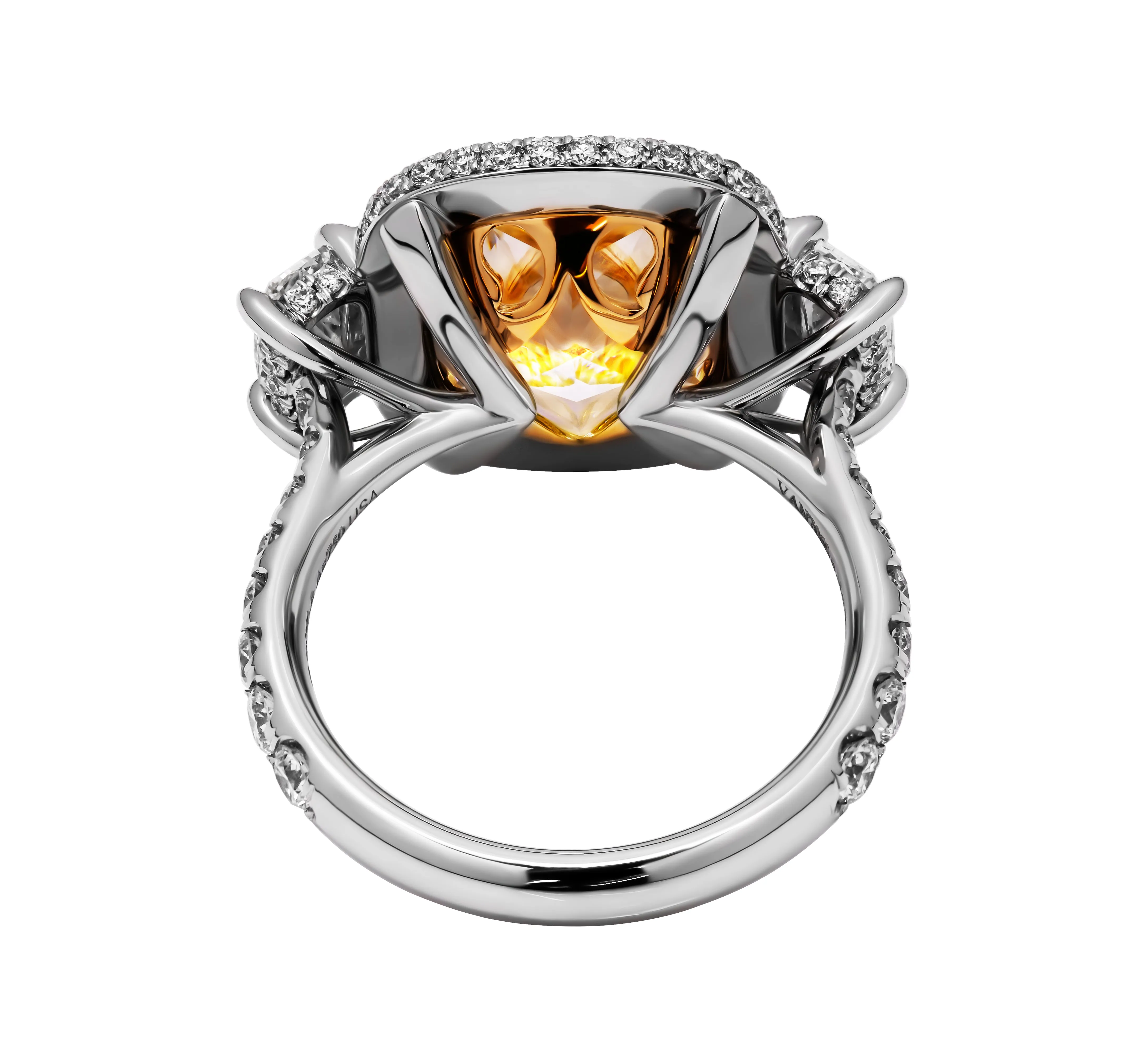 GIA Certified 3 stone ring with 6.31ct Fancy Light Yellow Cushion Cut Diamond