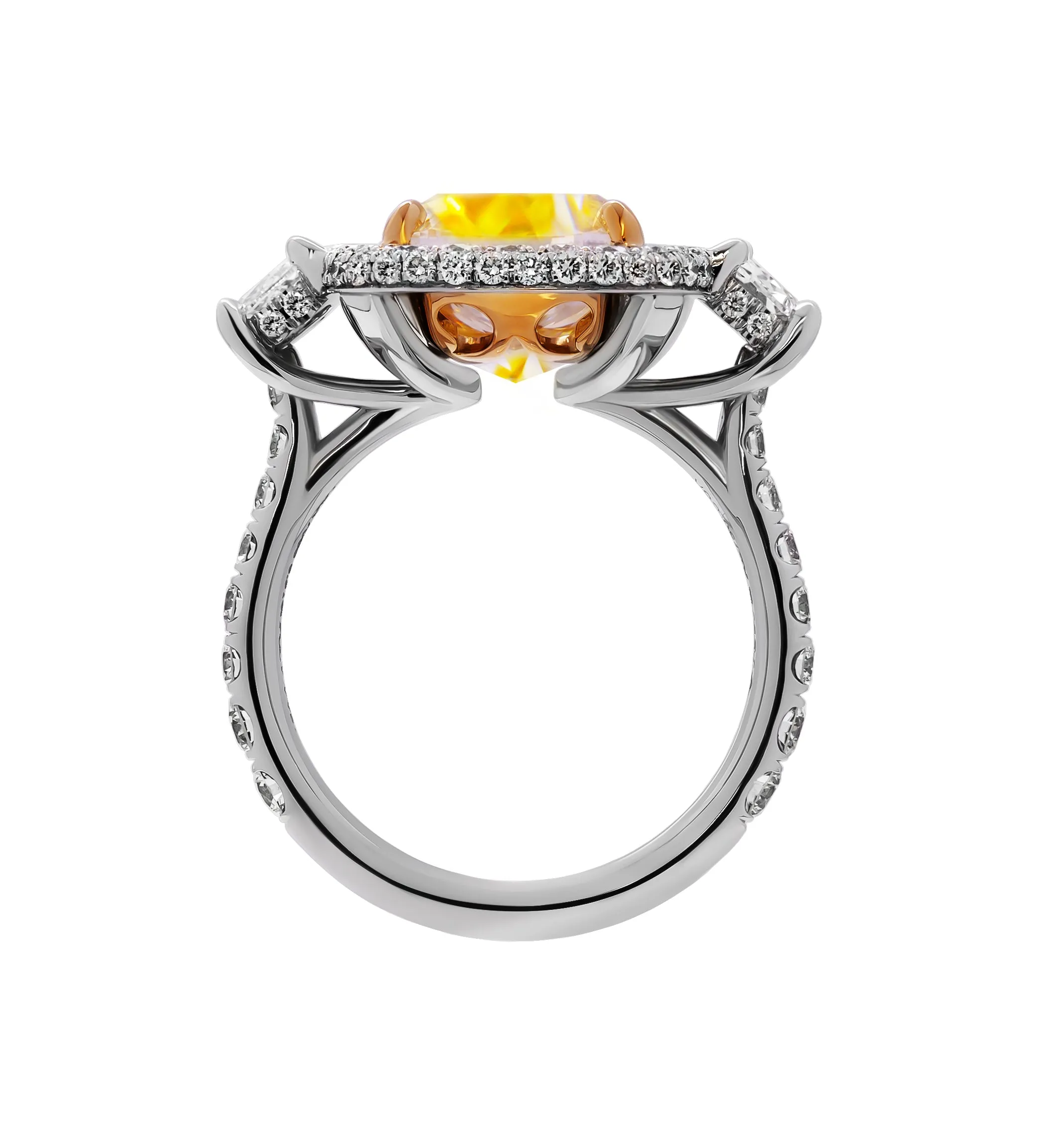 GIA Certified 3 stone ring with 6.31ct Fancy Light Yellow Cushion Cut Diamond