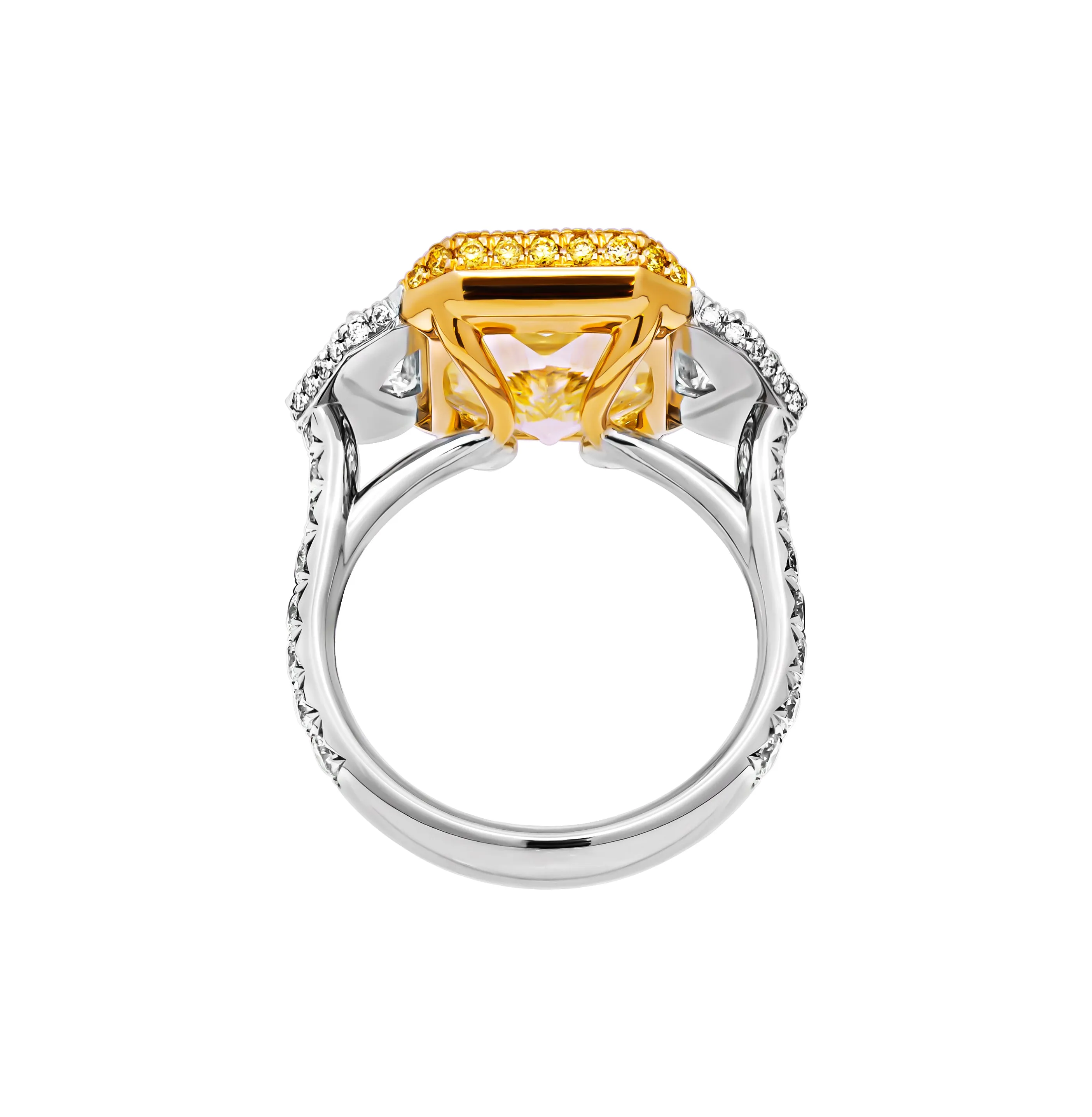 GIA Certified 3 stone ring with 7.06ct Fancy Light Yellow Radiant Cut Diamond