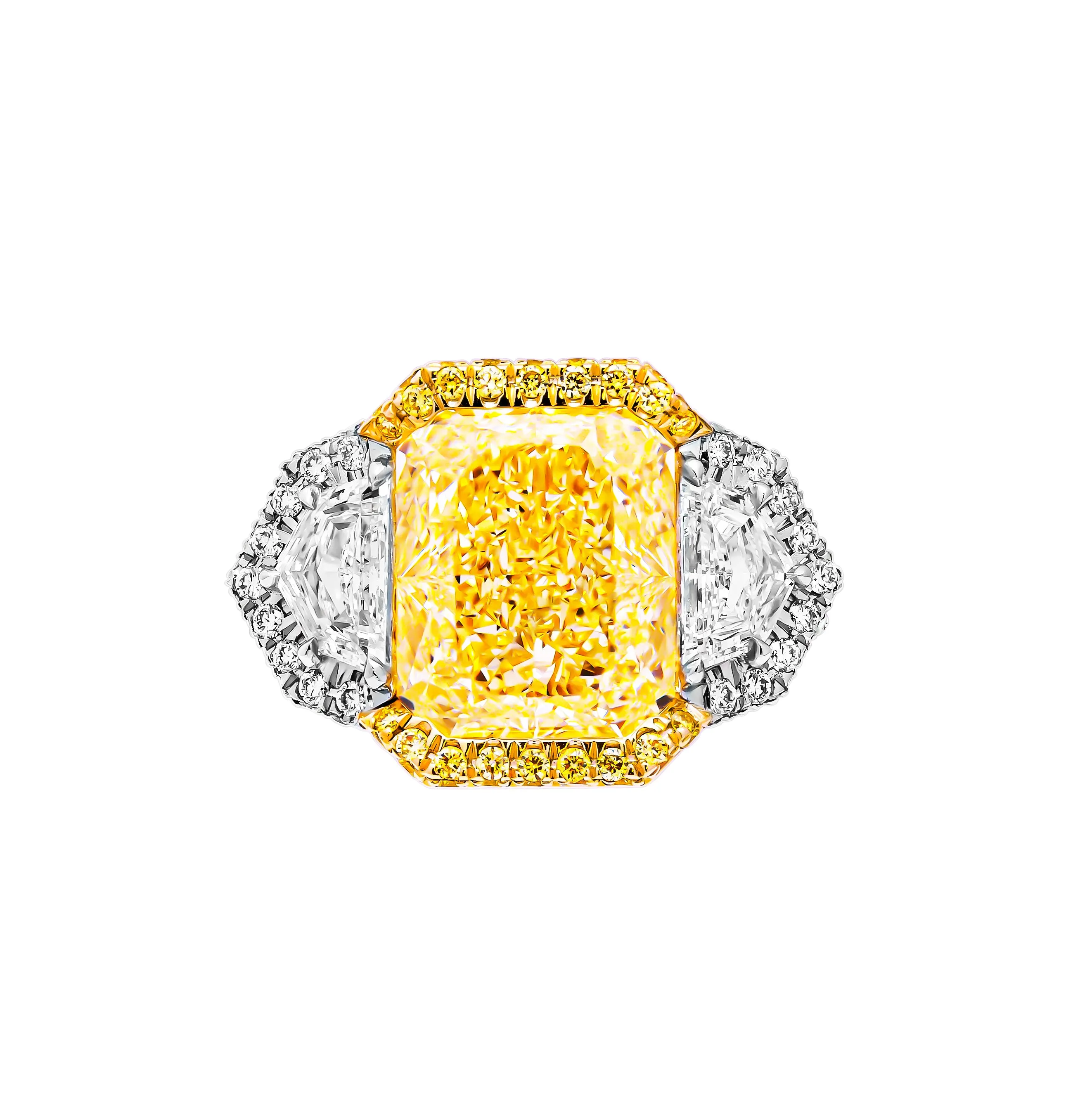 GIA Certified 3 stone ring with 7.06ct Fancy Light Yellow Radiant Cut Diamond