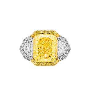 GIA Certified 3 stone ring with 7.06ct Fancy Light Yellow Radiant Cut Diamond