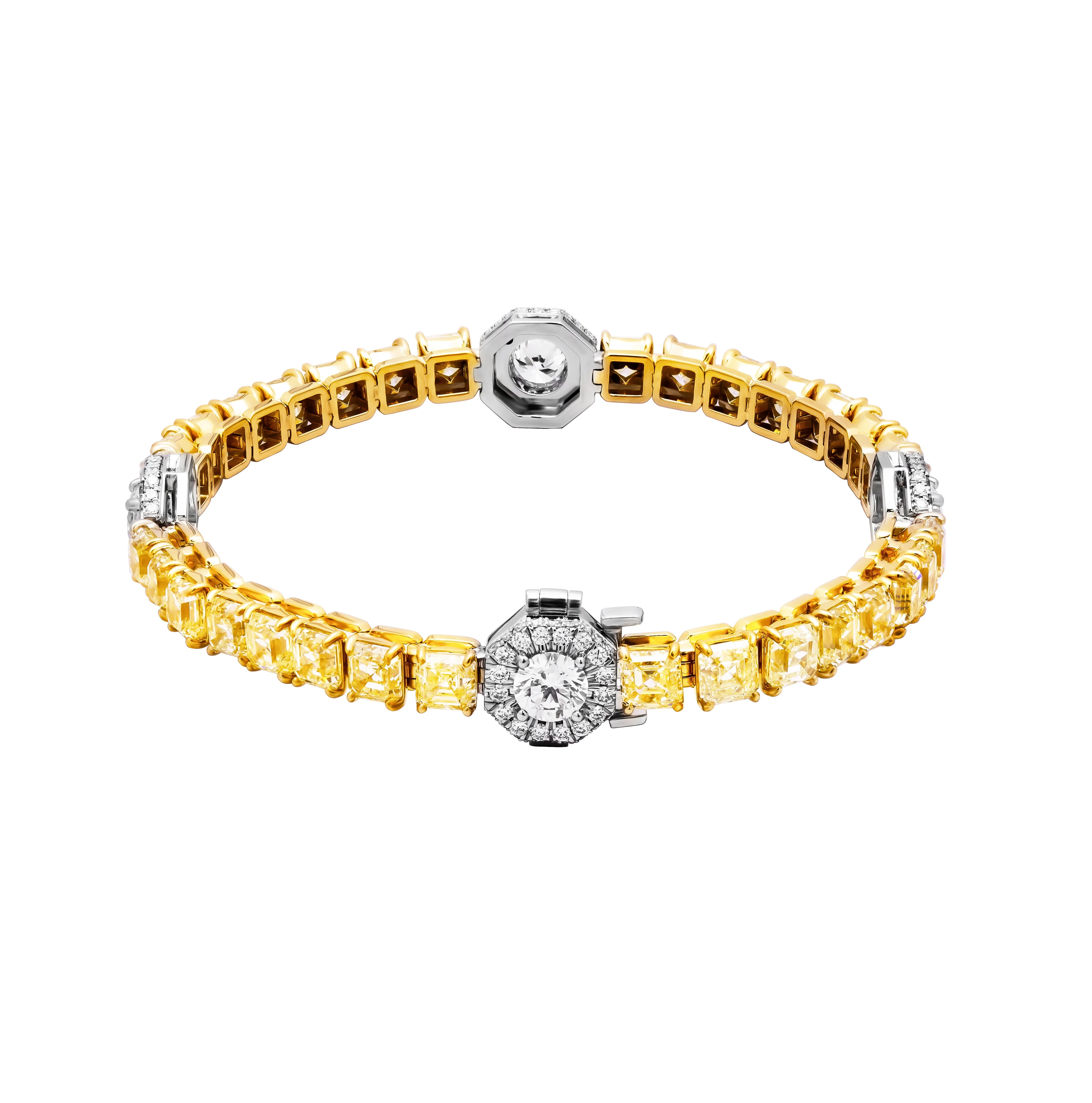 GIA Certified Tennis Bracelet with Yellow Asscher cut diamonds & Round diamonds