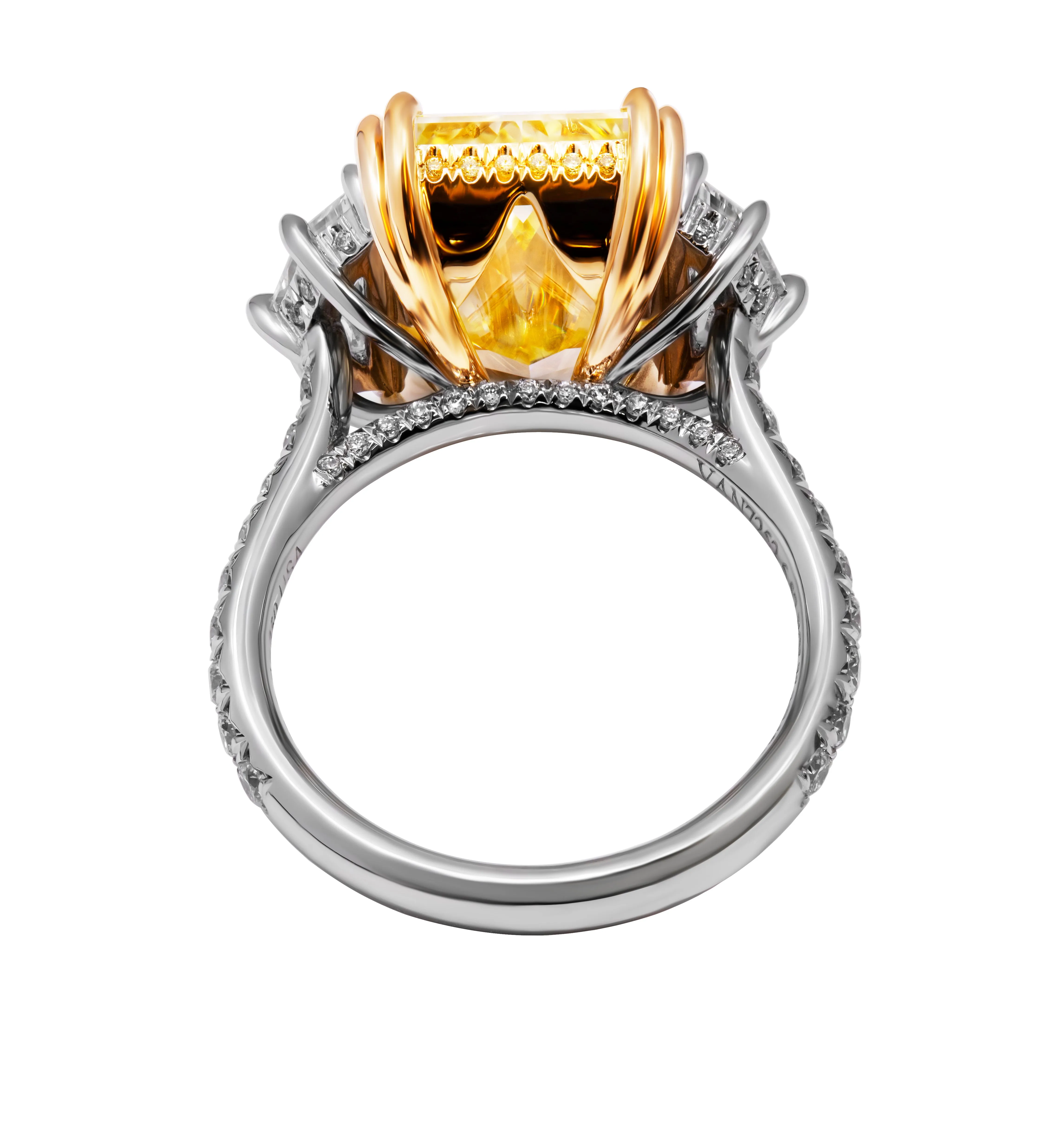 GIA Certifies 3 stone ring with 6.57ct Fancy Light Yellow Radiant Cut Diamond