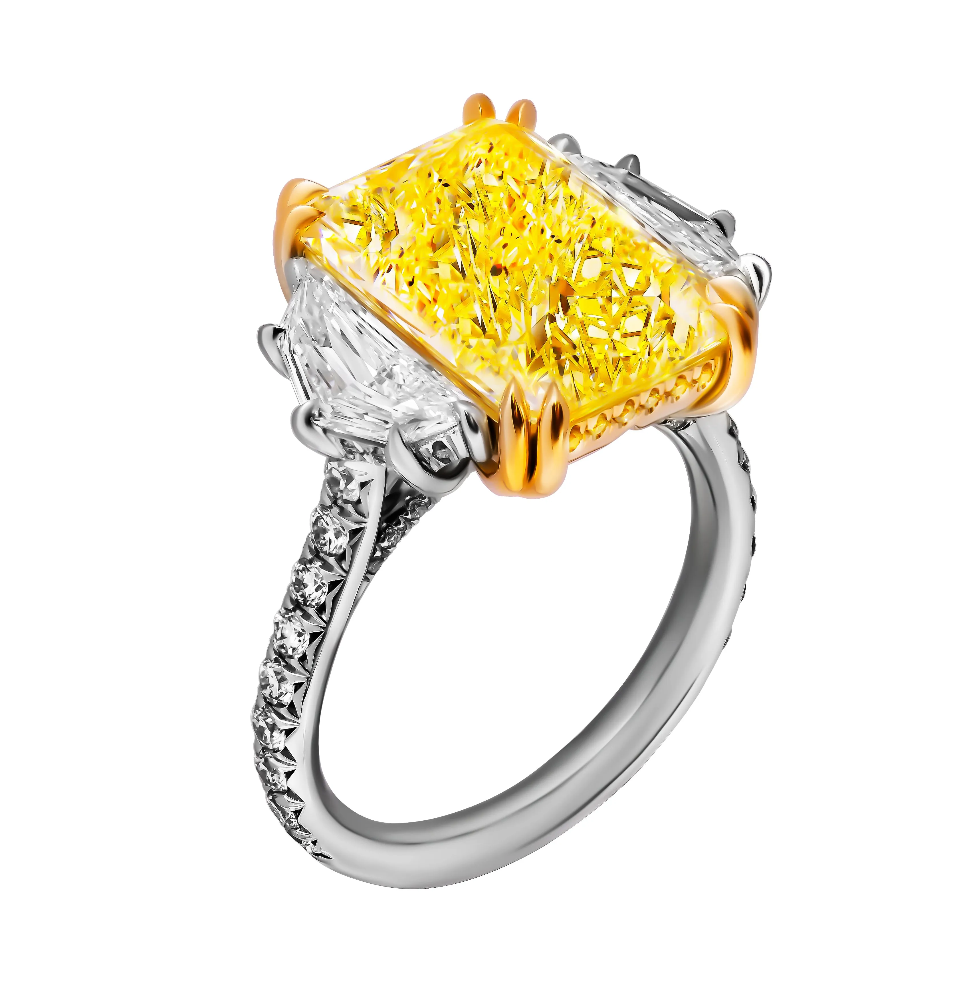 GIA Certifies 3 stone ring with 6.57ct Fancy Light Yellow Radiant Cut Diamond