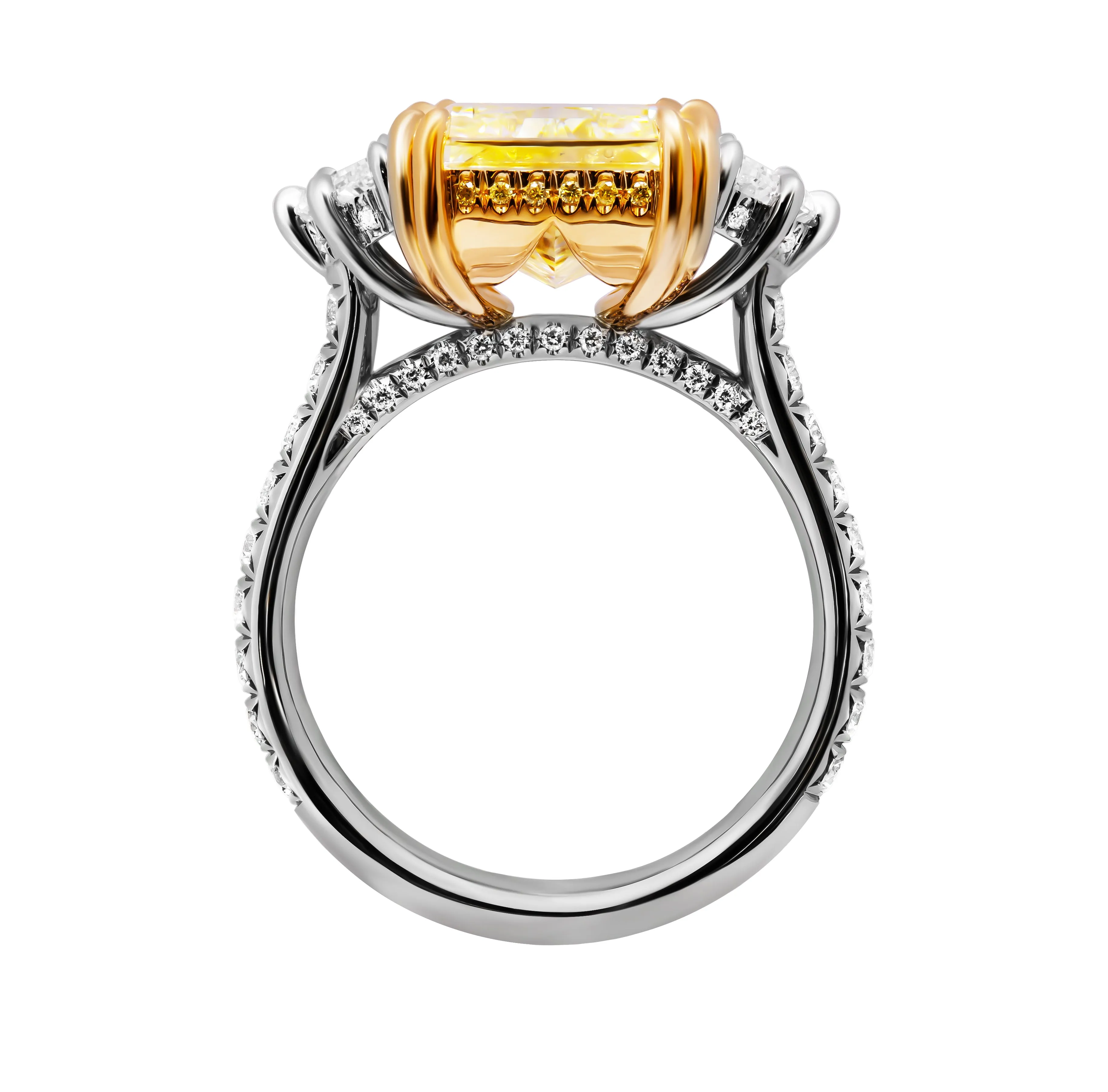 GIA Certifies 3 stone ring with 6.57ct Fancy Light Yellow Radiant Cut Diamond
