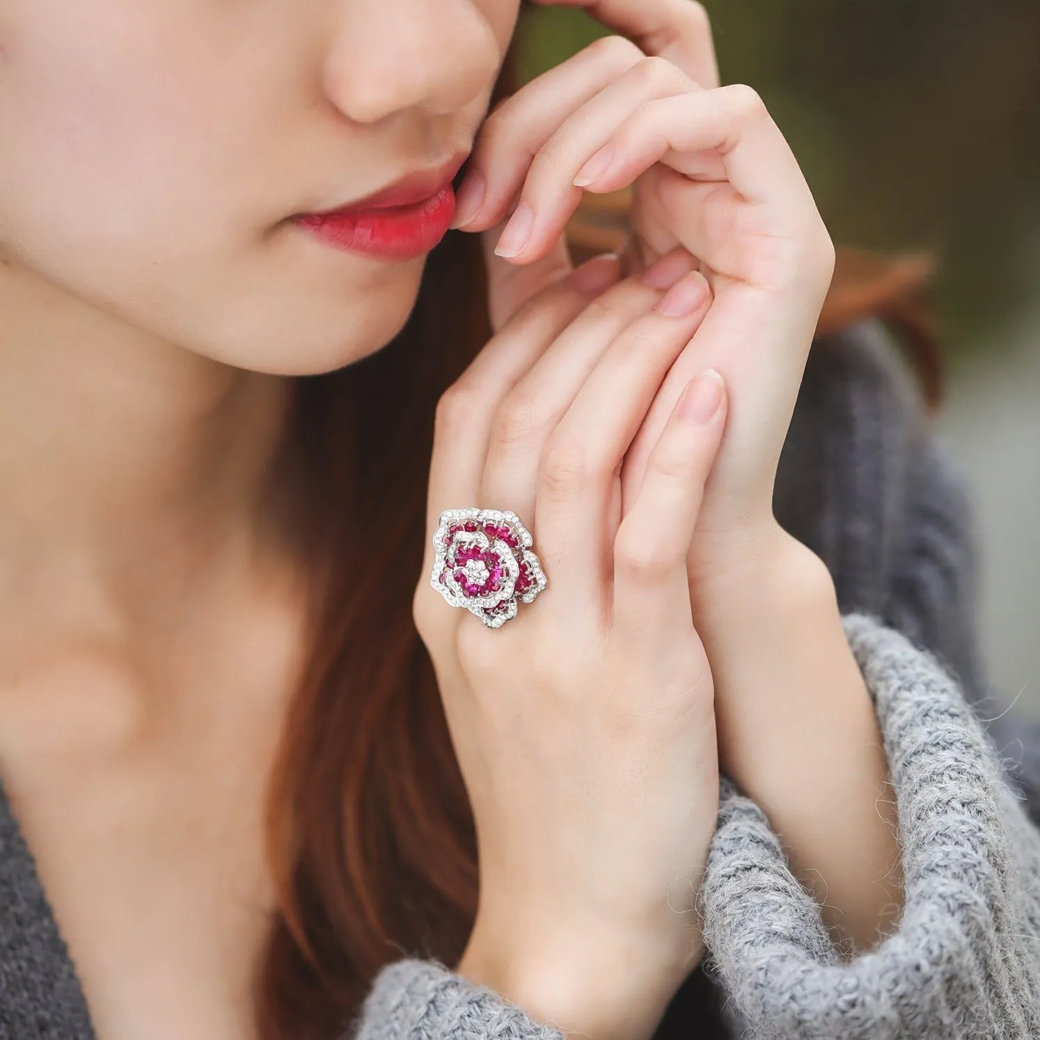 Gorgeous Pave Diamond Ruby Flower Cluster Ring