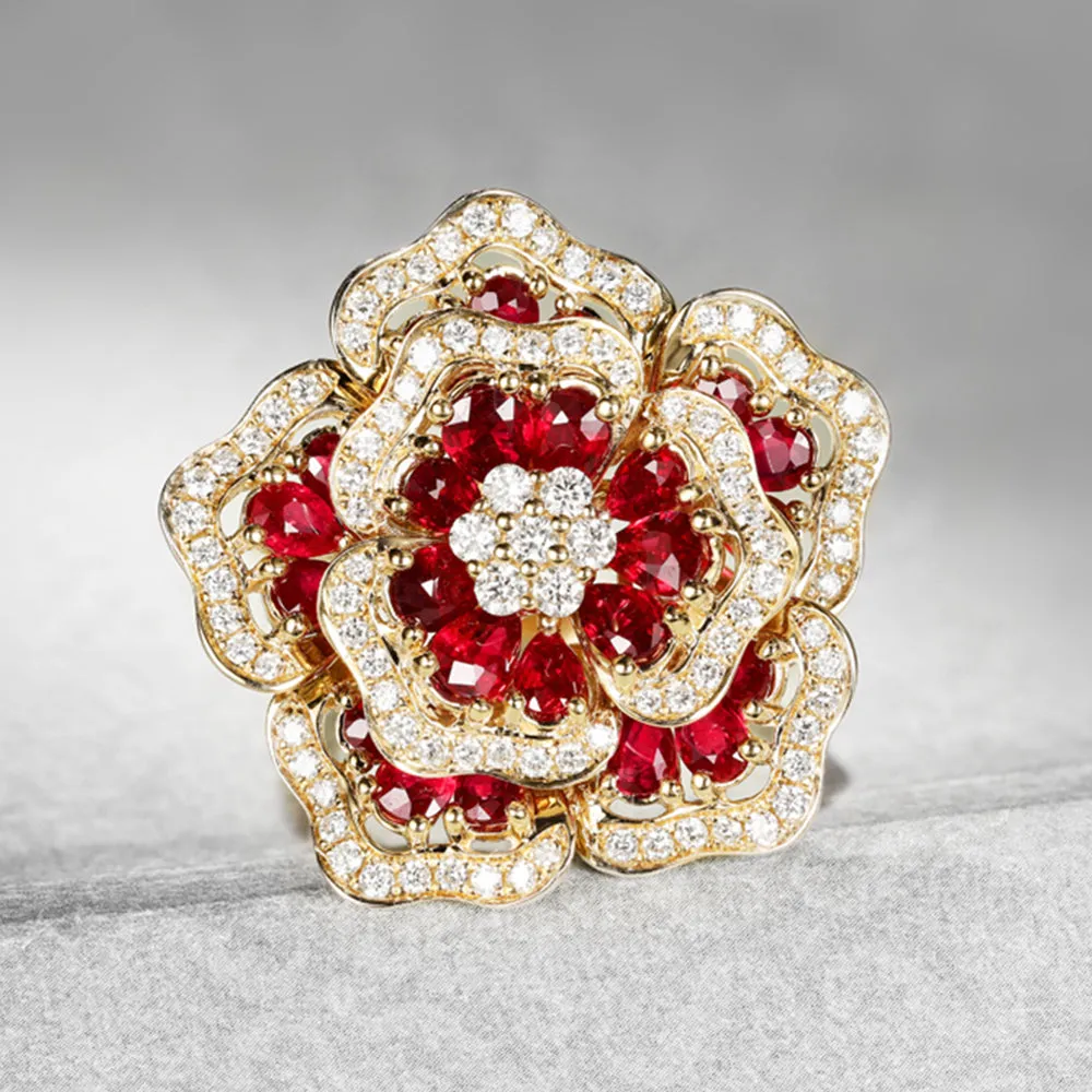 Gorgeous Pave Diamond Ruby Flower Cluster Ring