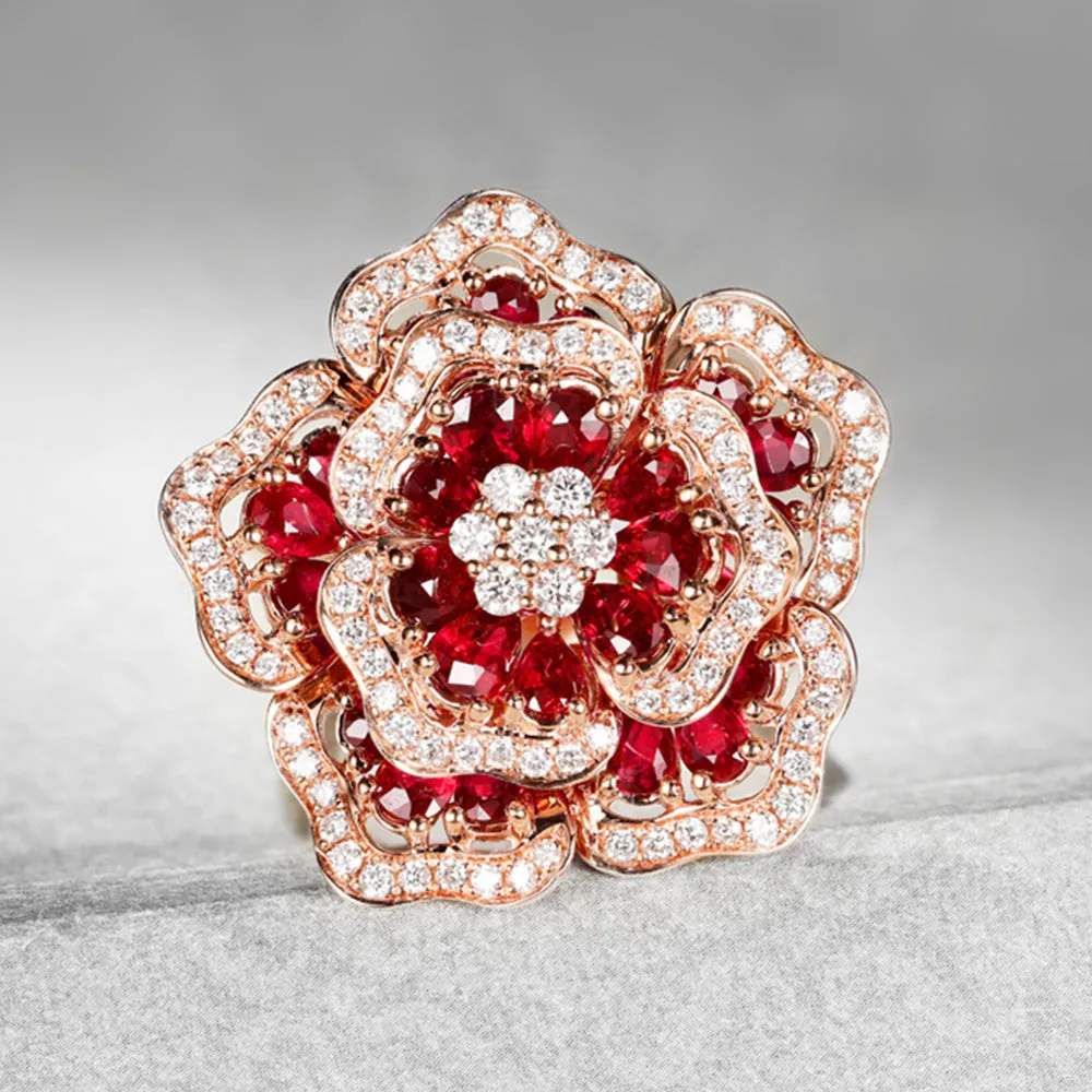 Gorgeous Pave Diamond Ruby Flower Cluster Ring