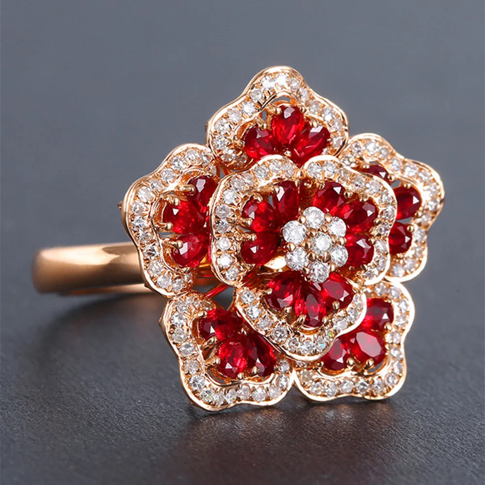 Gorgeous Pave Diamond Ruby Flower Cluster Ring