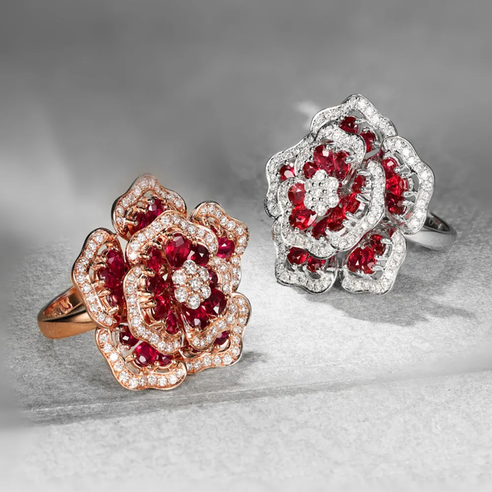 Gorgeous Pave Diamond Ruby Flower Cluster Ring