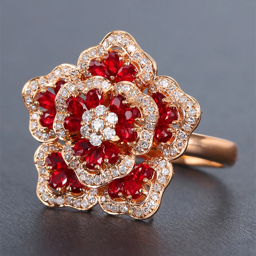 Gorgeous Pave Diamond Ruby Flower Cluster Ring