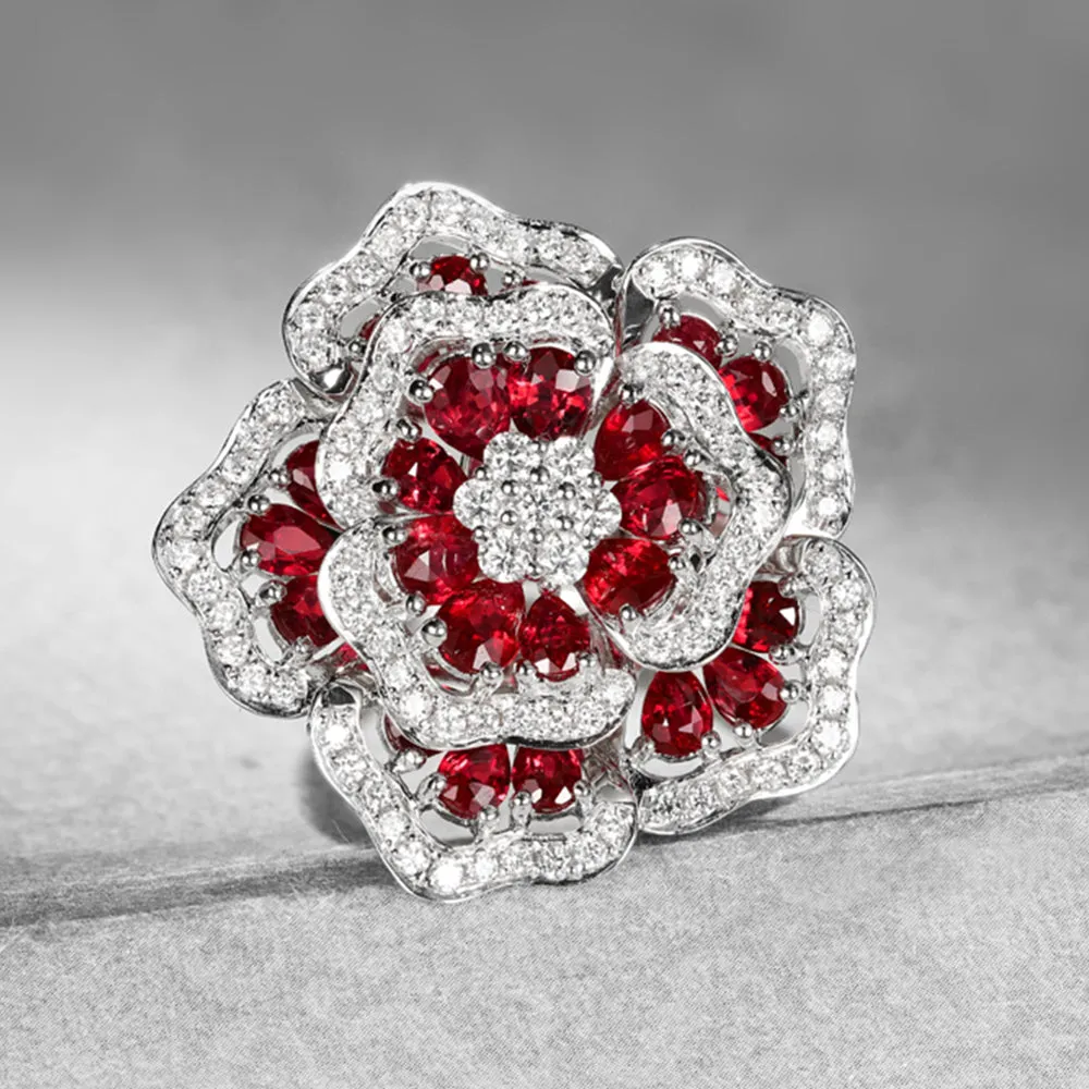 Gorgeous Pave Diamond Ruby Flower Cluster Ring