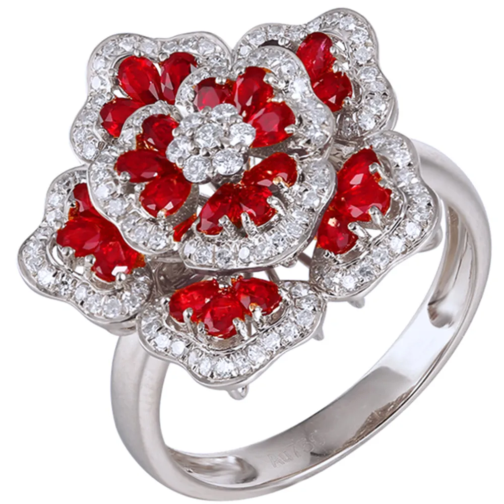 Gorgeous Pave Diamond Ruby Flower Cluster Ring